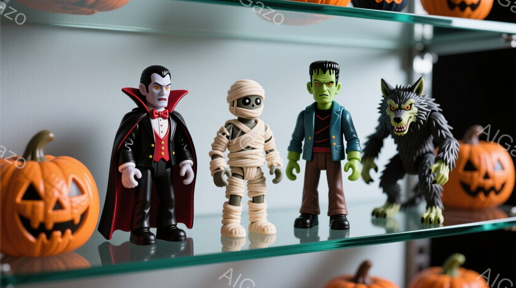 観覧車の棚に、ハロウィーンのモンスターのおもちゃが並べられています。吸血鬼、ミイラ、フランケンシュタイン、狼男が順番に並んでおり、それぞれ特徴的な衣装を身につけています。背景はシンプルな白壁で、オレン - AI生成フリー素材