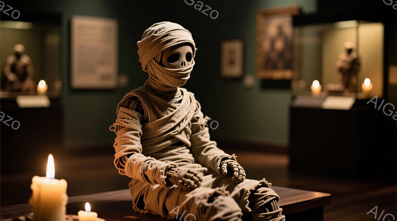 ミイラのように包まれた人物が、博物館のような暗い部屋のテーブルに座っている。その人物は膝を曲げ、手を重ねており、顔は包帯で覆われ、目だけが覗いている。背景には、ガラスケースに入った展示物や、壁に掛けられた絵画が見え、薄暗い光の中にロウソクが灯っている、神秘的で静謐な雰囲気が漂っている。