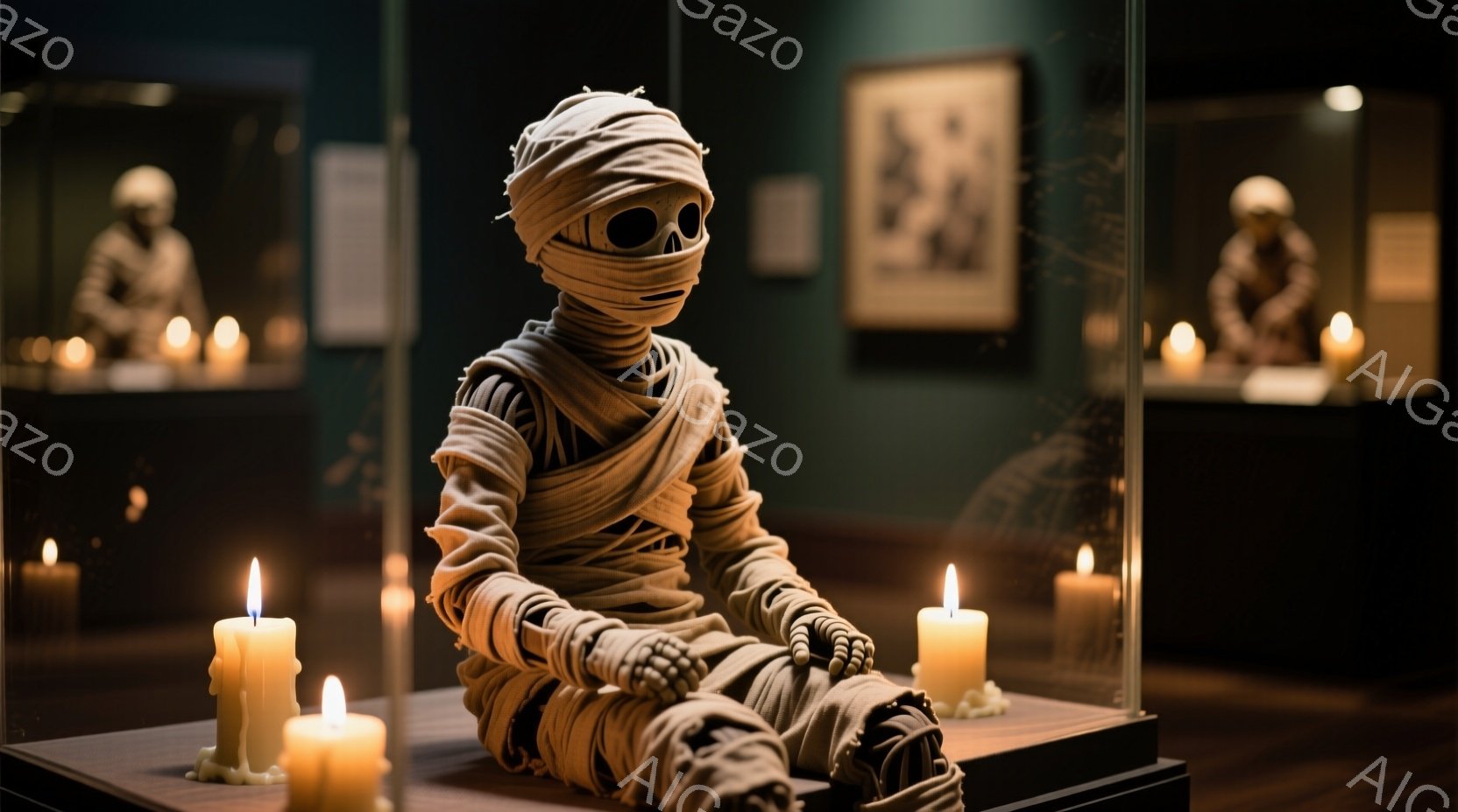 ミイラのように包まれた小さな人形が、展示ケースの中で座っている。周囲には無数のロウソクが灯されており、暗い背景の中で人形を照らし出している。全体的に神秘的で、博物館のような空間の雰囲気が漂っている。