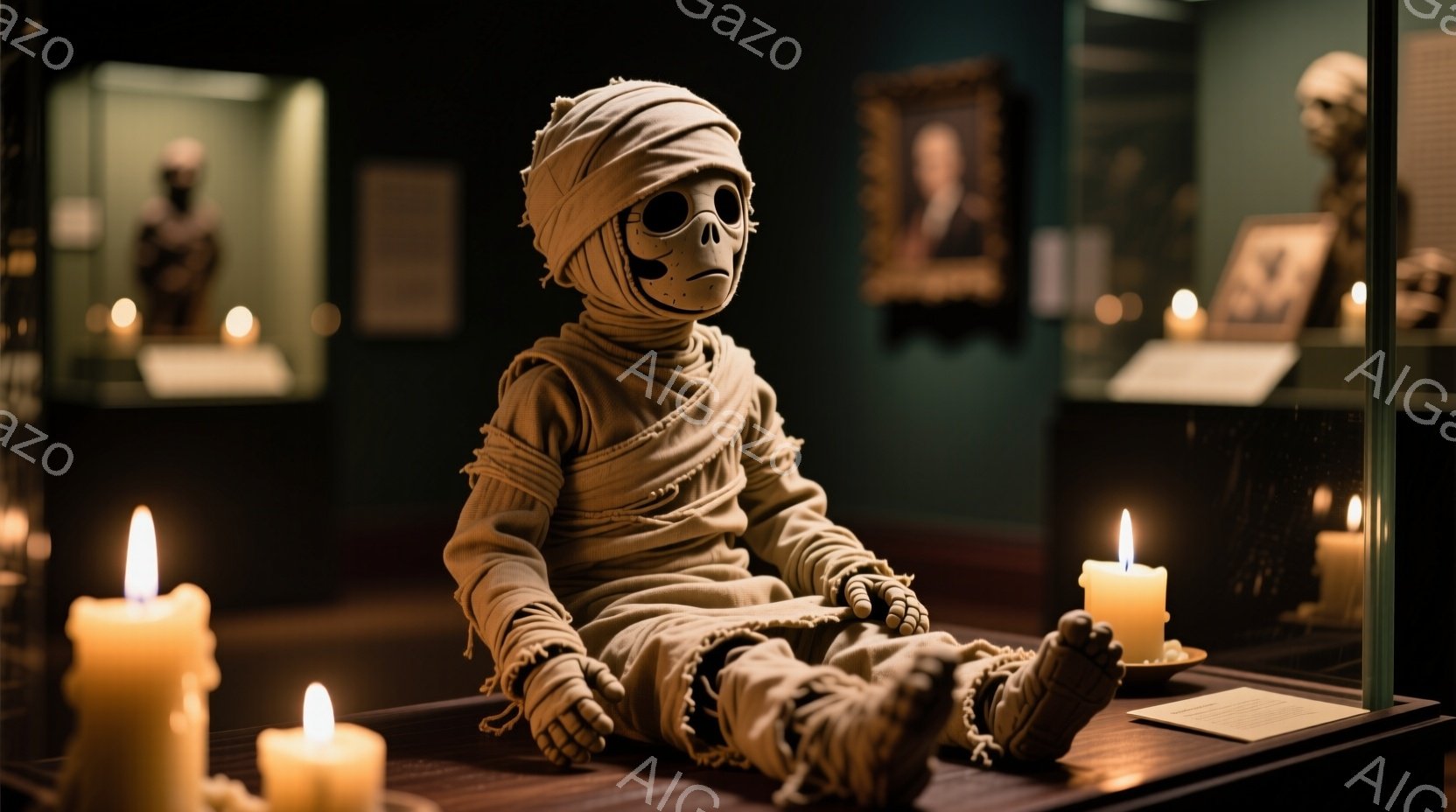 博物館のような場所で、包帯で全身を覆われた子供のような姿の人物が座っている。周囲には蝋燭が灯されており、薄暗い中で不気味な雰囲気を醸し出している。背景には展示ケースや絵画が見え、ミイラのような存在が展示されている様子が伺える。