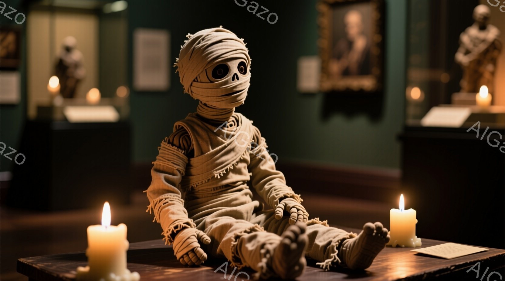 包帯で全身が覆われた小さなミイラが、古びた木製のテーブルに座っている。周囲にはロウソクが灯り、壁には絵画や彫刻が飾られた博物館のような空間が広がっている。暗く薄暗い照明と包帯に覆われたミイラの姿から、神秘的で少し不気味な雰囲気が漂っている。