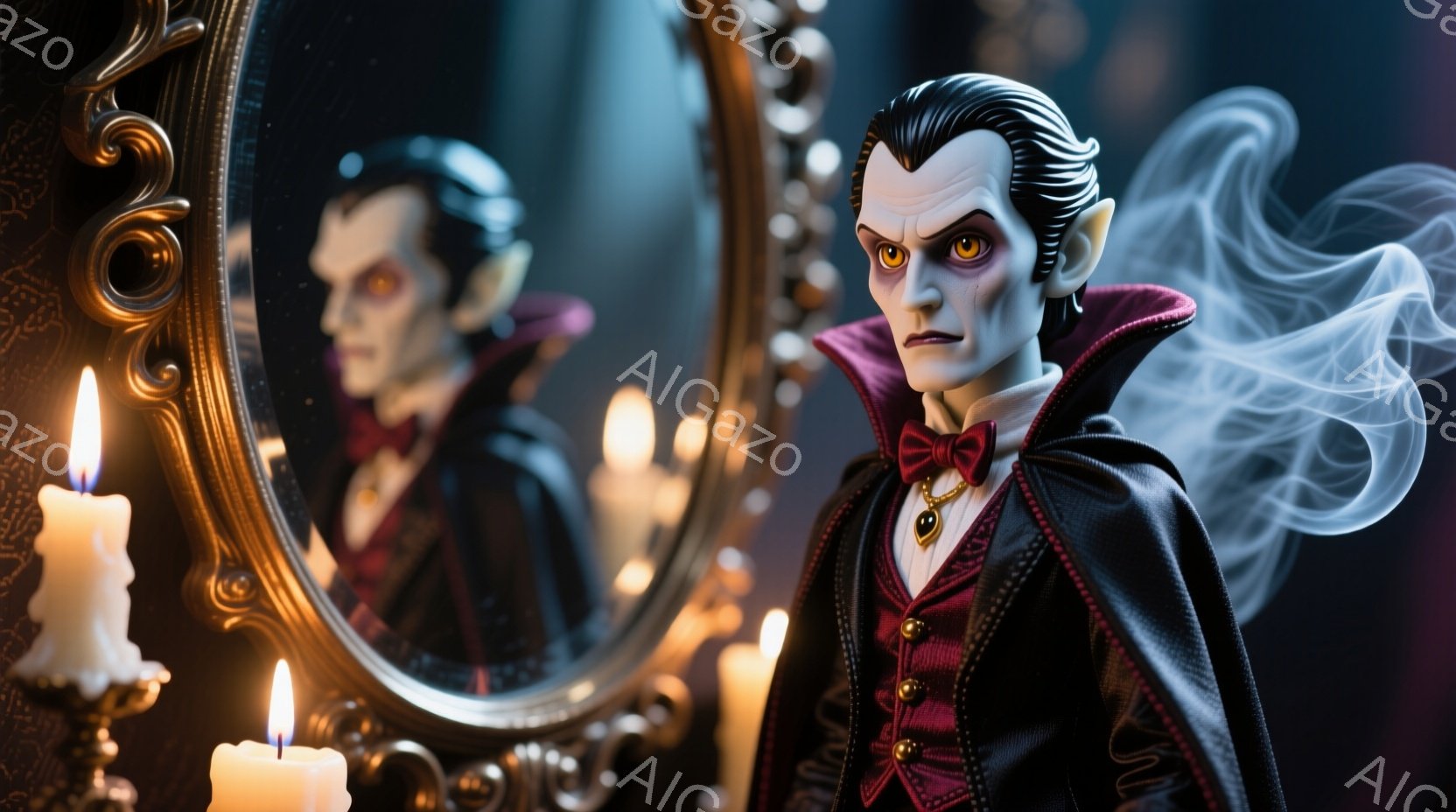 鮮やかな赤いジャケットと黒いベスト、蝶ネクタイを身につけた男性が、鏡の前でポーズをとっています。彼の髪は整えられ、顔には鋭い目つきと、どこか憂いを帯びた表情が浮かんでいます。背景には点在する蝋燭の光が灯り、鏡に映る彼の姿と相まって、神秘的でゴシックな雰囲気を醸し出しています。