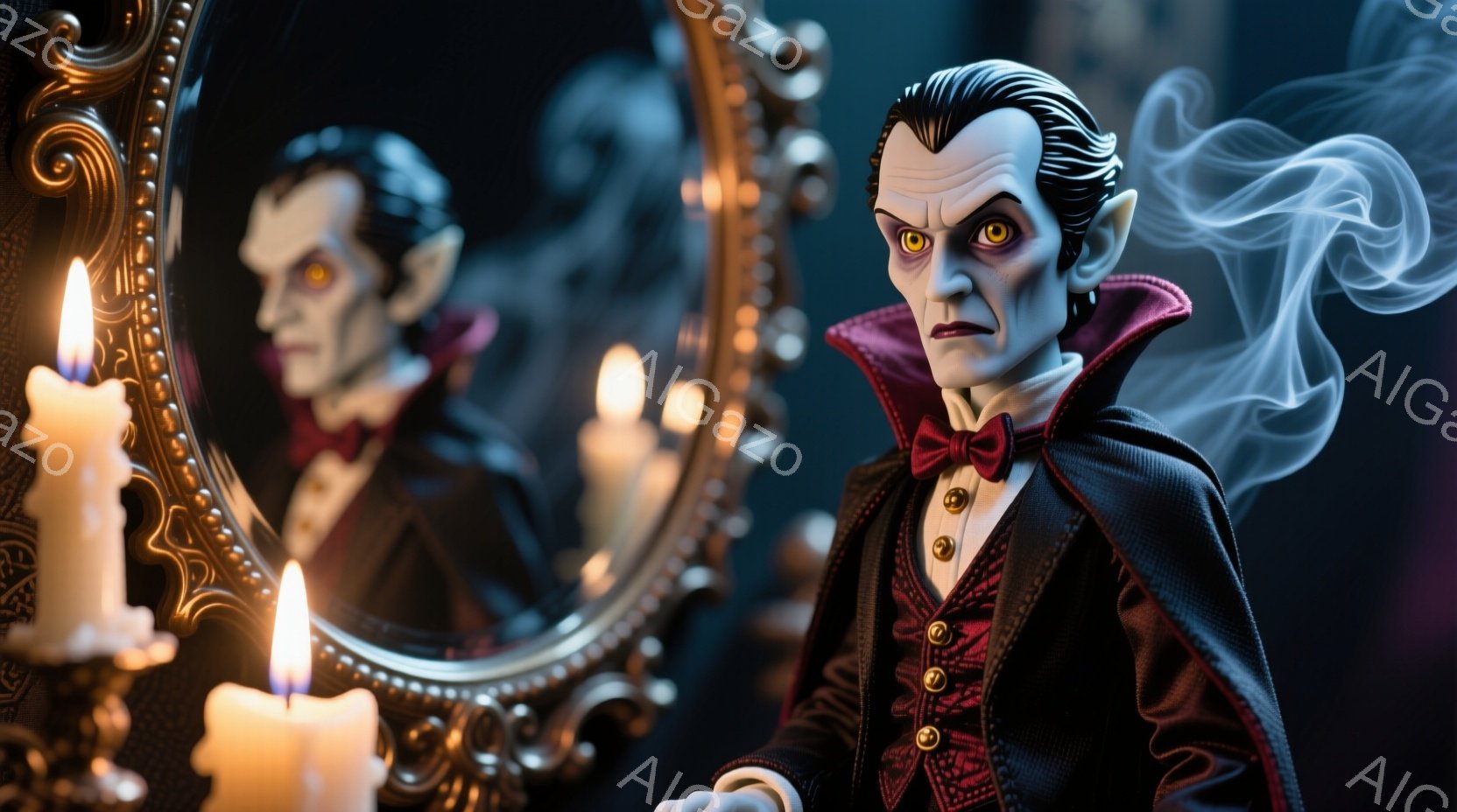 クラシックな吸血鬼を模した人形を描いています。人形は黒いスーツに赤いベスト、そして蝶ネクタイを身につけ、整った髪型と鋭い表情をしています。背景には、ろうそくの光と鏡に映る人形の姿があり、神秘的で少し不気味な雰囲気を醸し出しています。