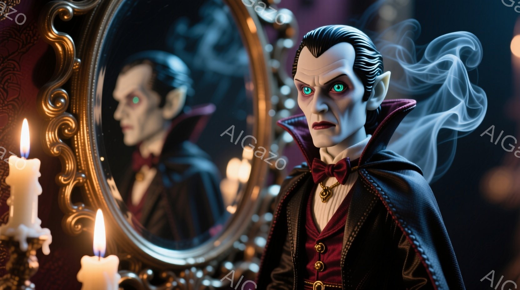 古風な装飾が施された鏡の前に、吸血鬼のような男性が立っている。彼は黒いスーツに赤い蝶ネクタイ、金色のチェーンを身につけ、整った髪型と鋭い視線を持ち、口元から白い煙が立ち上っている。背景には暗い赤色の壁とぼんやりとした光があり、不気味でミステリアスな雰囲気を醸し出している。