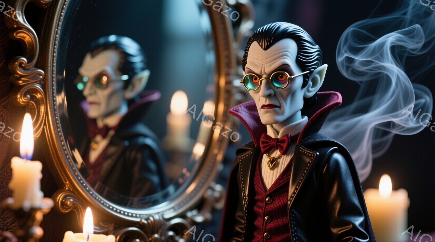 鏡の前で身だしなみを整える男の人物が描かれている。彼は赤い襟とベスト、蝶ネクタイをつけた黒いスーツを着ており、眼鏡をかけている。周囲には蝋燭が灯されており、煙が立ち込め、少し不気味で神秘的な雰囲気を醸し出している。