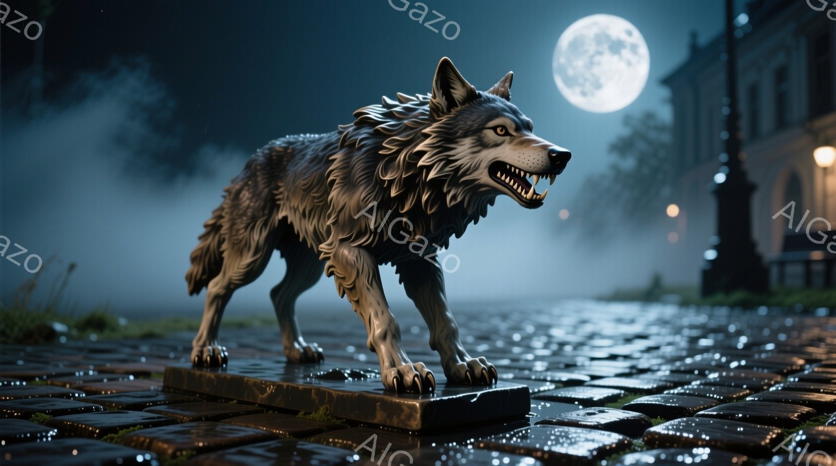 石畳の道の上に置かれた狼の彫像が描かれている。月明かりの下、彫像は少し口を開け、鋭い牙を見せている。背景にはぼやけた建物と街灯が見え、全体的に不気味で神秘的な雰囲気が漂っている。