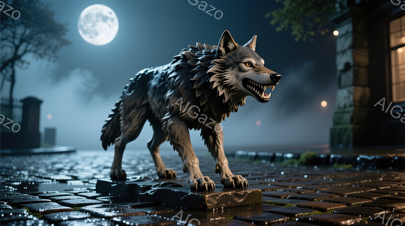 濡れた石畳の上に、うなり声を上げている灰色の狼が立っている。背景には薄暗い街並みと、ぼんやりとした月の光が照らし出す雨上がりの夜空が広がり、不気味な雰囲気を醸し出している。狼の鋭い牙と、うなり声から危 - AI生成フリー素材