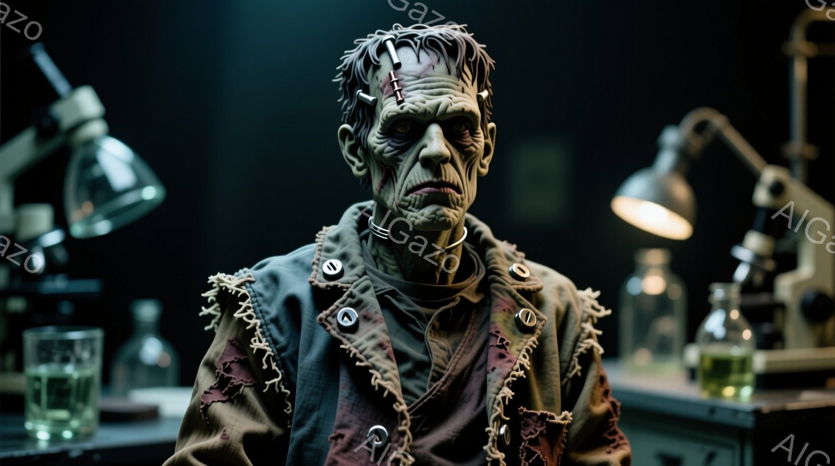 これは、フランケンシュタインの怪物と思われる人物のクローズアップ写真です。緑色の肌、縫い付けられた傷跡、そして頭に埋め込まれた金属製のピンが特徴的で、古びたパッチワークのコートを着ています。背景には実 - AI生成フリー素材