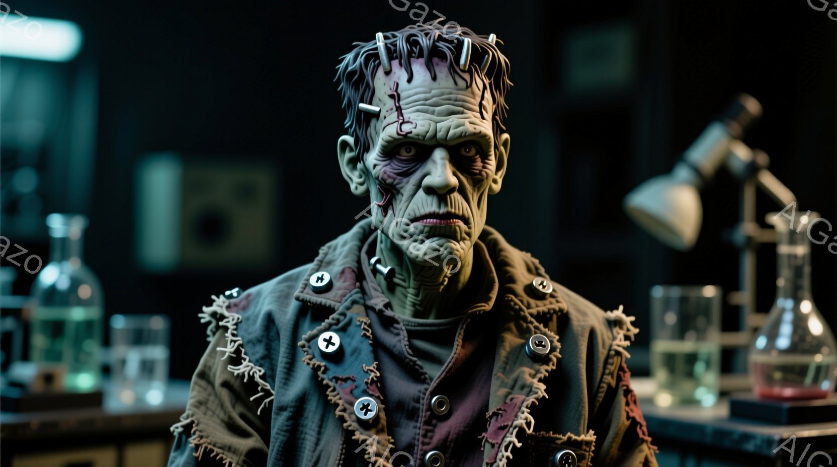 フランケンシュタインの怪物と思われる人物のポートレートです。彼は縫い目のある肌、暗い目の下のクマ、そして頭部に埋め込まれた金属製のボルトが特徴です。古びた、破れた縁のジャケットを着ており、首元にはいく - AI生成フリー素材