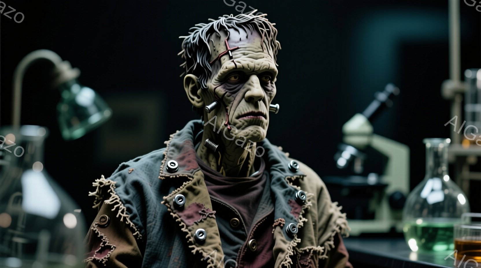 フランケンシュタインの怪物と思われる人物を捉えています。その人物は、ボロボロの茶色いジャケットを着ており、頭部には金属製のボルトが埋め込まれています。表情は苦痛に満ちており、疲労と苦悩が感じられます。