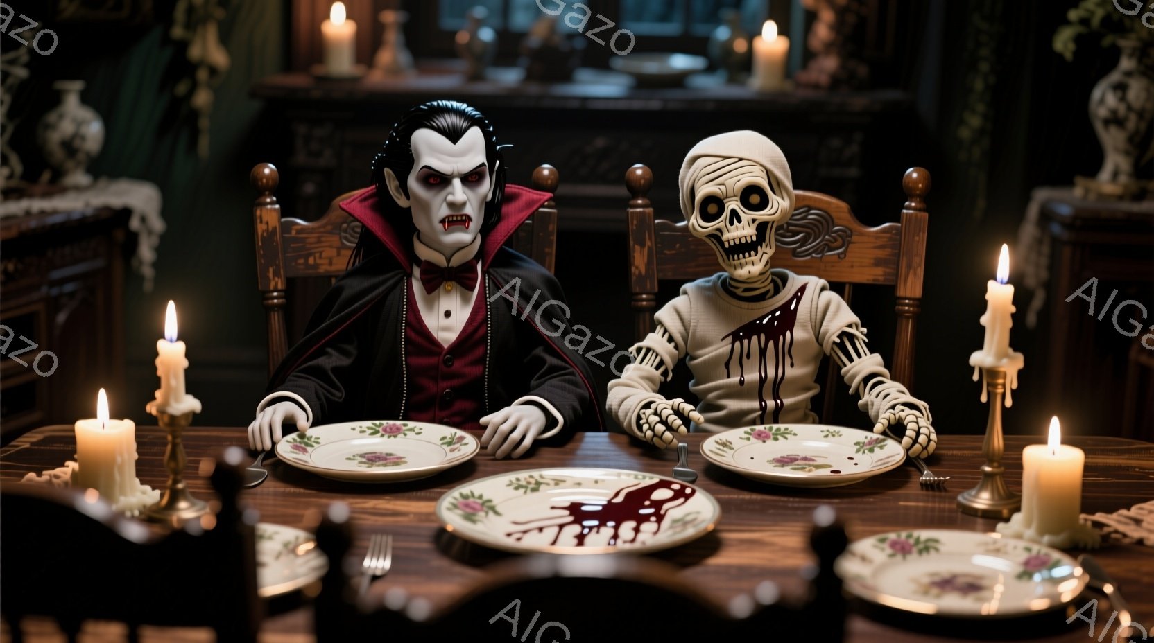 豪華なダイニングテーブルを挟んで、吸血鬼とミイラが向かい合って食事をしています。吸血鬼は黒いスーツに赤いマントを羽織り、整った髪型で鋭い眼差しを向けています。ミイラは包帯で覆われ、口元に不気味な笑顔を浮かべ、両者は血のような赤い液体がこぼれた皿を前にしています。