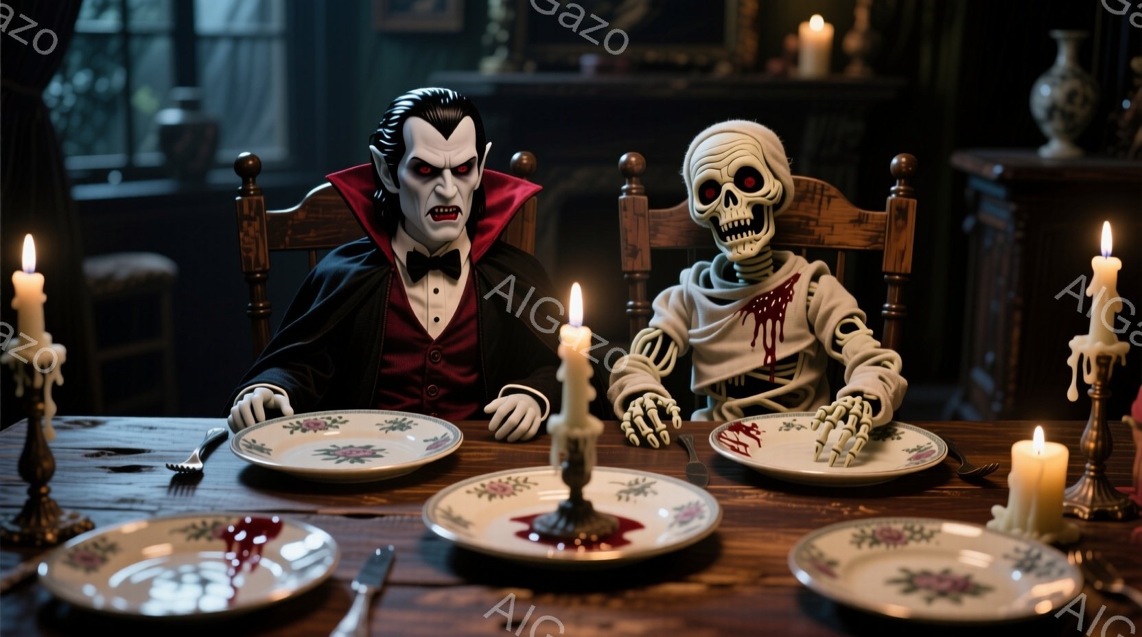 古風なダイニングテーブルを挟んで、吸血鬼とガイコツが向かい合って食事をしている様子が描かれています。吸血鬼は黒いスーツに赤いマントを羽織り、整髪された髪型で、わずかに微笑んでいます。テーブルには赤い液体がこぼれた皿があり、背景にはキャンドルや花瓶が置かれ、少し不気味でありながらもユーモラスな雰囲気を醸し出しています。