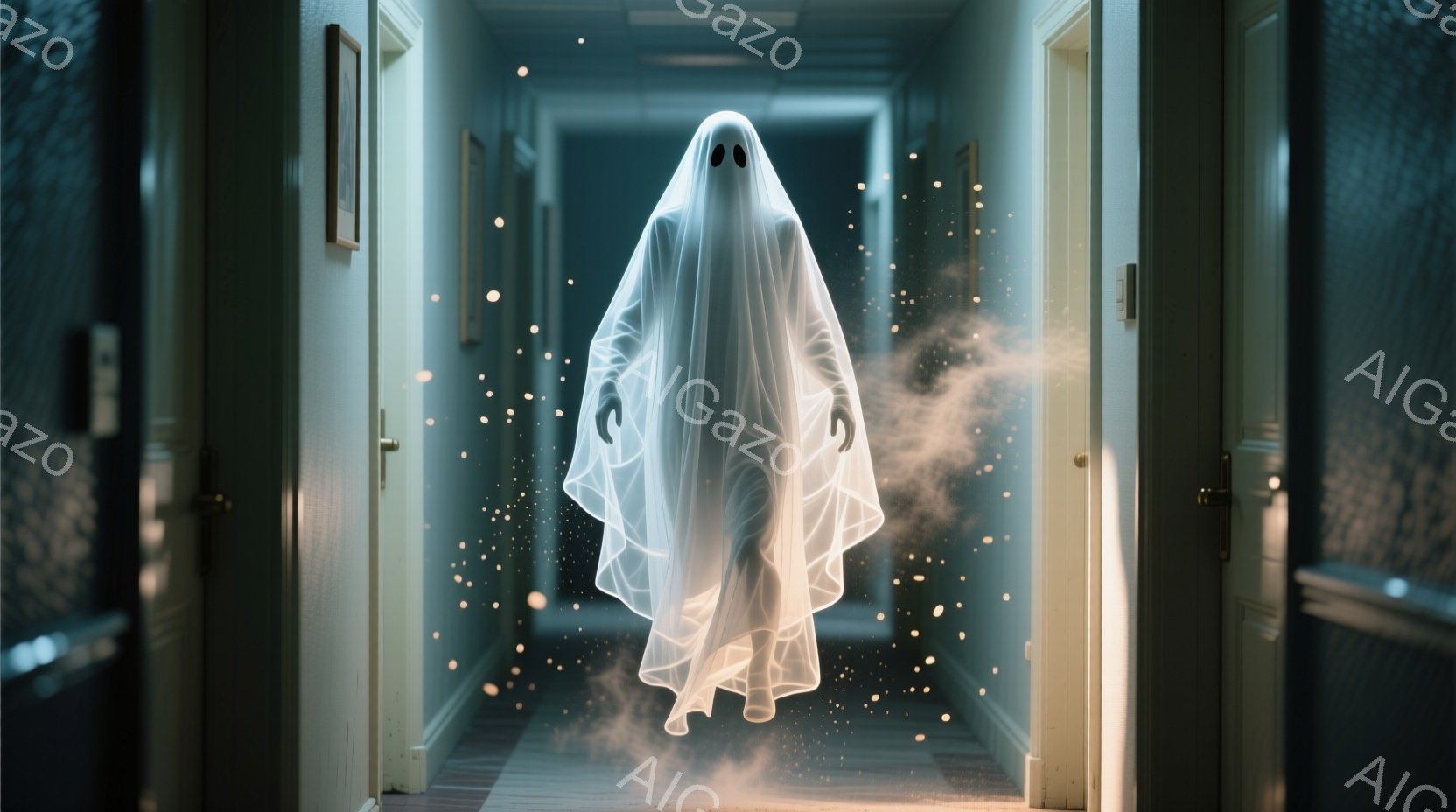 白い幽霊のような姿が、廊下に浮かんでいます。その姿は、頭から全身を覆う白い布で覆われ、顔には黒い穴が開いています。廊下にはドアが並び、かすかに埃っぽい光景で、不気味な雰囲気を醸し出しています。