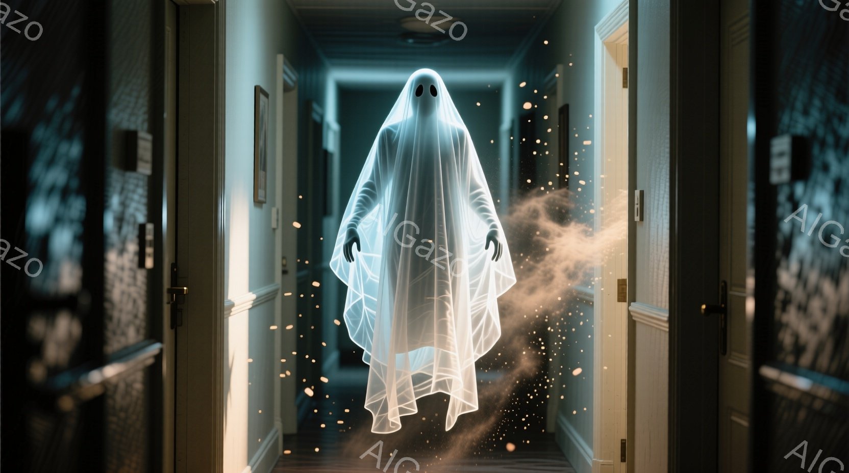 白い幽霊のような姿が廊中に浮かび、まるで不気味な霧から生まれたかのようだ。幽霊は簡素な白い布で覆われ、顔は見えないが、まるで何かを探しているかのように手を前に伸ばしている。廊下の壁は落ち着いたグレーで - AI生成フリー素材