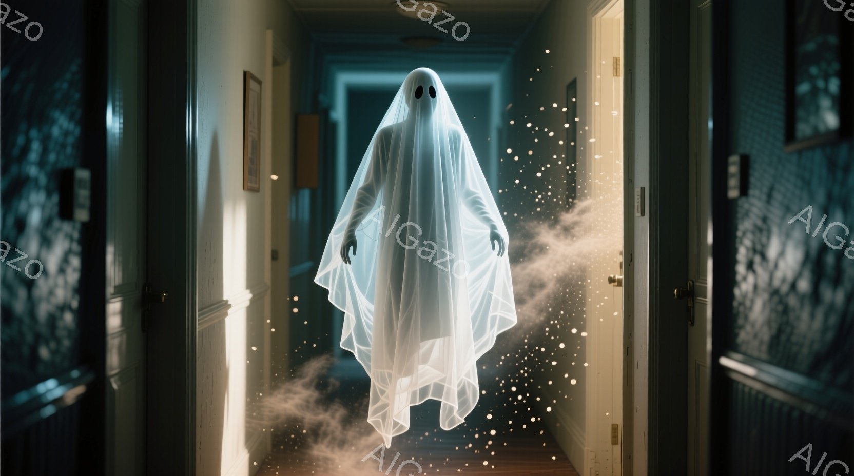 白い布で覆われた幽霊のような姿が、薄暗い廊下に浮かんでいる。その姿はぼんやりとしており、顔や髪型などの詳細は判別できないが、漂うような姿勢から、まるで生きているようではないことが窺える。廊下の壁には絵 - AI生成フリー素材