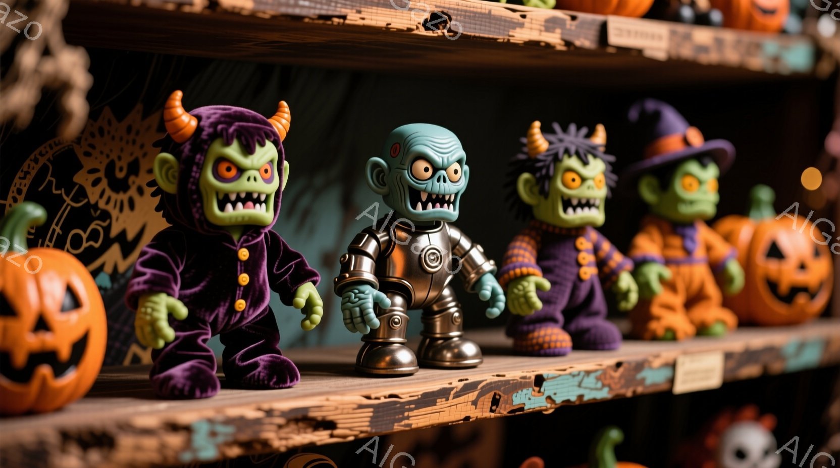 不気味なハロウィーンの置物が棚に並んでいる。緑色のモンスター、ロボット風のモンスター、そして紫色の衣装を着たモンスターが特徴的で、それぞれユニークな表情をしている。背景には、ハロウィーンの装飾が施され - AI生成フリー素材