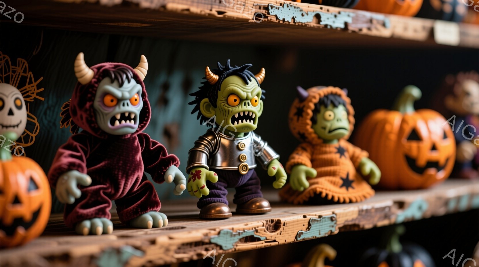 ハロウィーンの飾り付けが施された棚の上に、モンスターのフィギュアが並んでいる。深紅色のベルベットのような衣装を身に着けたモンスター、フランクenstein風の緑色のモンスター、そしてオレンジ色の衣装を着たモンスターが、それぞれ異なる表情で立っている。背景には、かぼちゃやクモの巣などのハロウィーンの装飾が散りばめられ、お祝いの雰囲気を醸し出している。