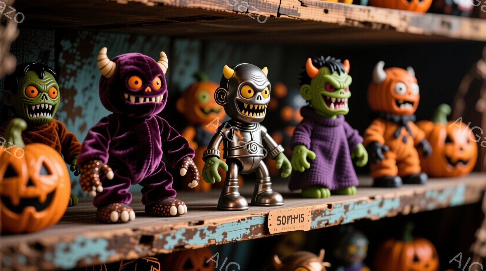 飾り棚には、ハロウィーンをテーマにしたおもちゃや置物が並べられています。紫色のモンスター、ロボット、フランケンシュタイン風のキャラクター、そしてジャック・オー・ランタンが並び、少し不気味でありながらも愛らしい雰囲気を醸し出しています。背景は暗い青色で、全体的にハロウィーンらしい雰囲気が漂っています。
