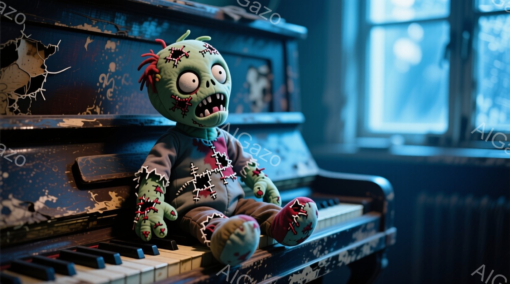古びたピアノの上に、ミイラのようなおもちゃのモンスターが座っています。緑色の肌に縫い目があり、赤い毛髪と縫い付けられた手足が特徴的で、口を開けて不気味な表情をしています。背景は薄暗い部屋で、窓からは光が差し込み、ピアノの埃っぽい表面を照らしています。