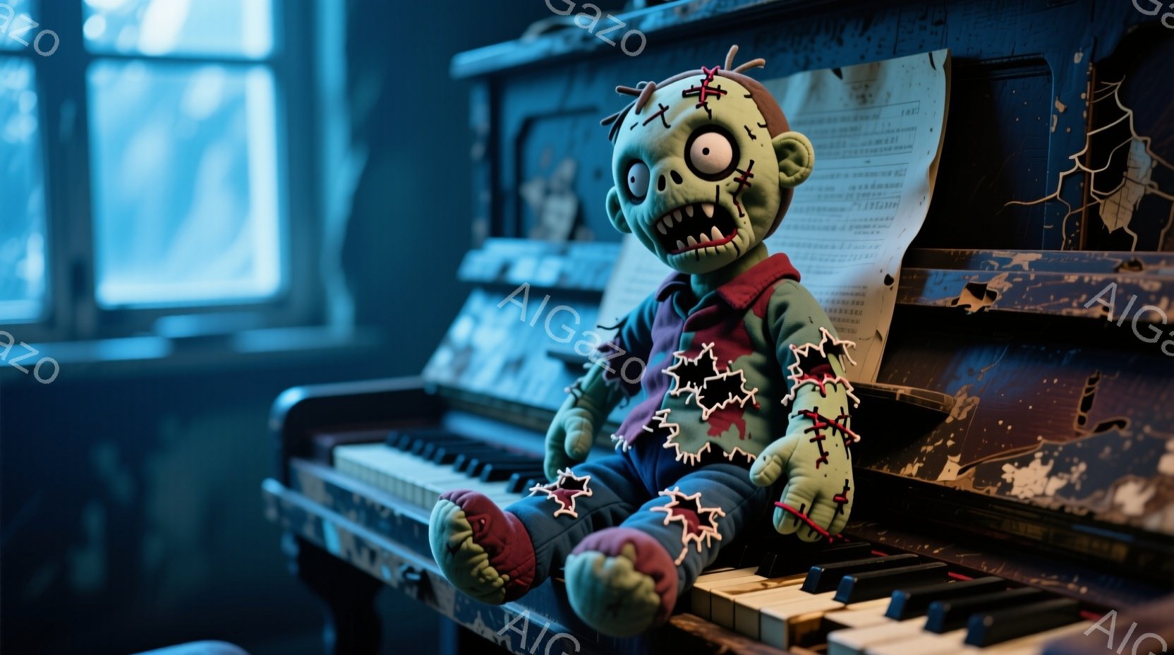 古びたピアノの上に、ミイラのようなぬいぐるみがお座りになっています。紫色のズボンと緑色の靴を履き、目は大きく見開かれ、口は大きく開いて牙が見えています。背景は暗く、窓から光が差し込み、全体的に不気味で寂れた雰囲気です。
