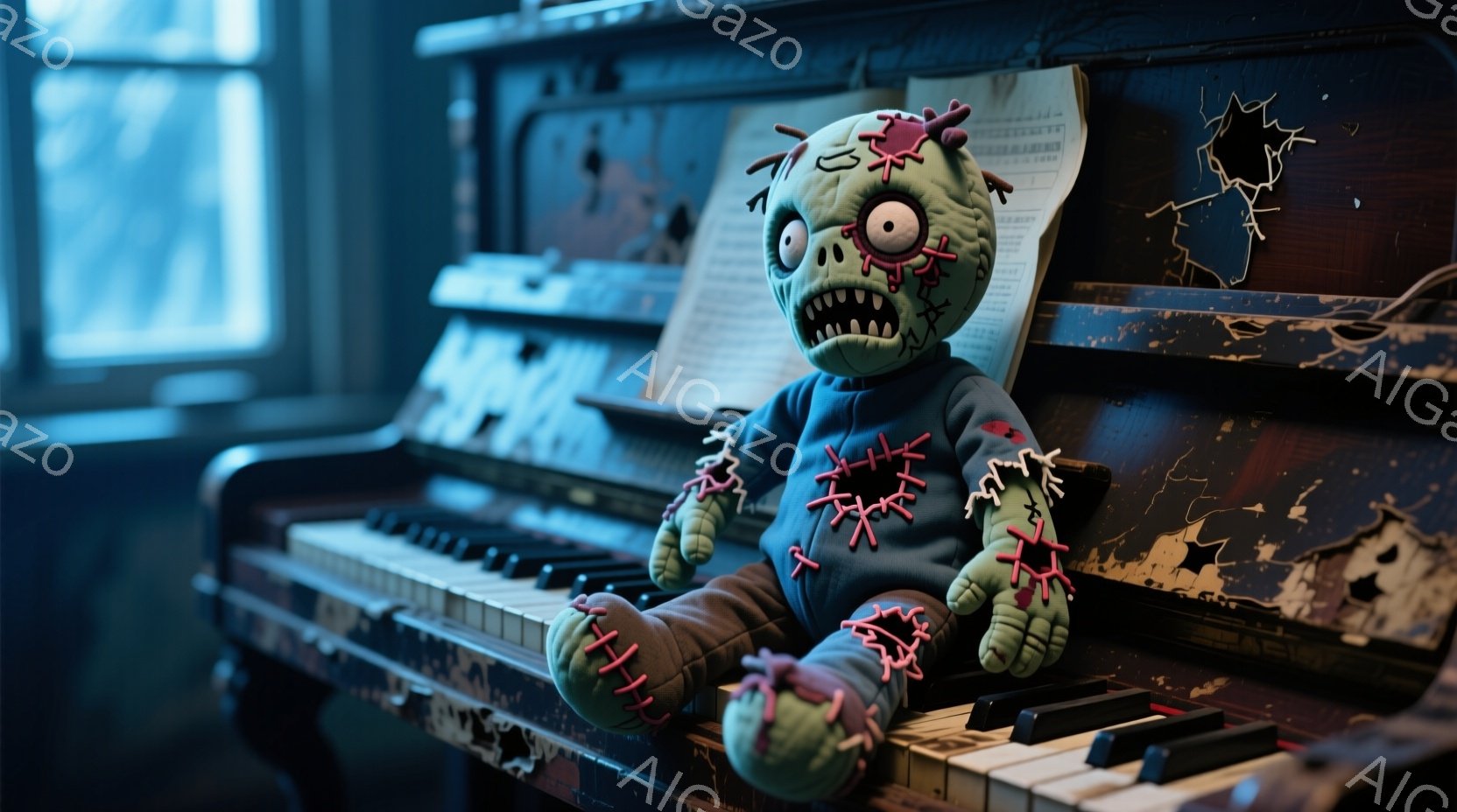 古びたピアノの上に、糸で縫い合わされた緑色の布人形が座っている。人形は赤い糸で縫い付けられた傷跡を持ち、ぎょろっとした目と不気味な笑顔で、少し不気味な印象を与える。背景には、ほこりっぽい楽譜と、雨が降る外の薄暗い光景が見え、全体的に寂しく、不気味な雰囲気を醸し出している。