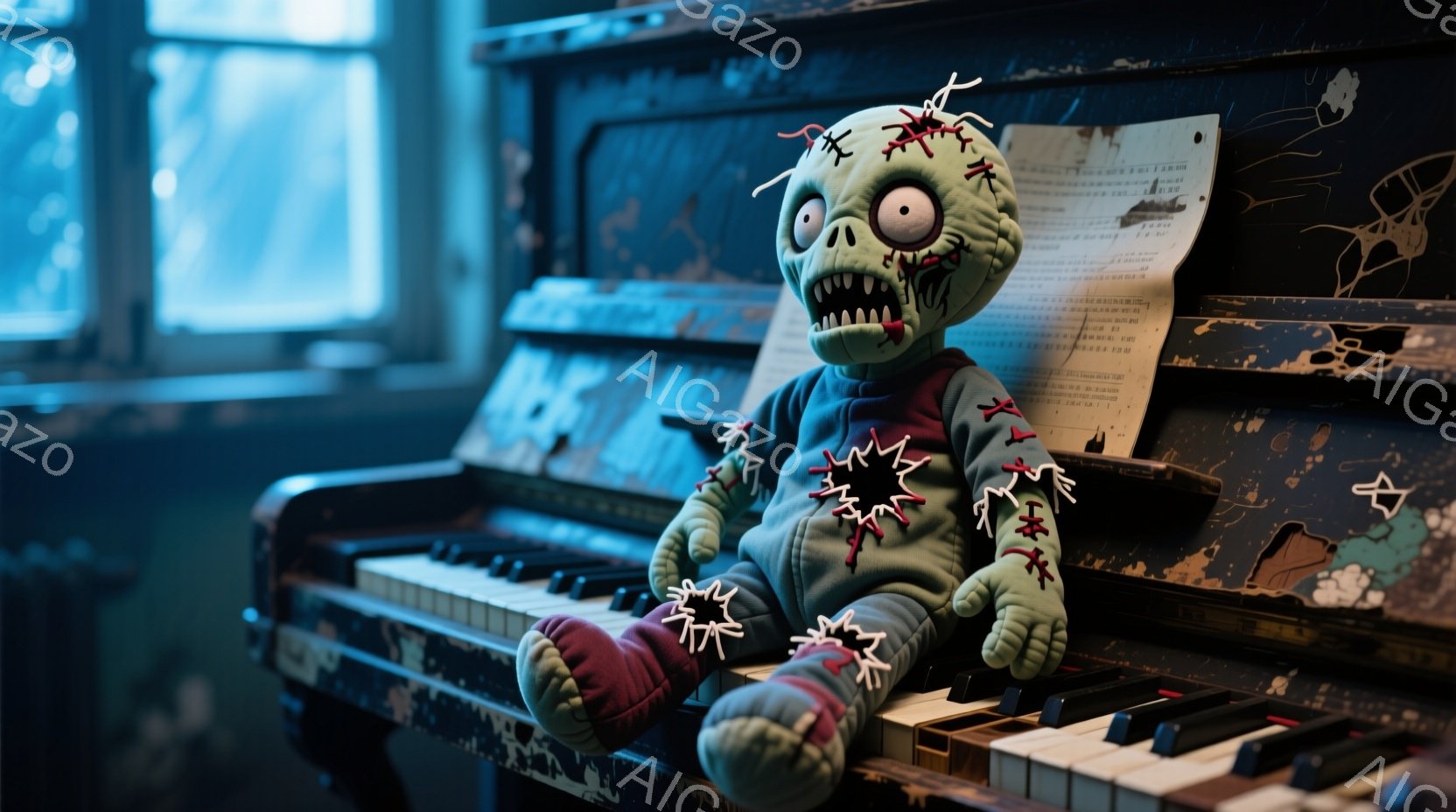 古びたピアノの上に、縫い目がはっきりとした緑色のぬいぐるみ人が座っています。その表情は口を開けて歯を見せており、縫い目から赤い糸が飛び出しています。背景は薄暗く、ピアノの周りには楽譜が散らばっており、全体的に不気味で寂しい雰囲気が漂っています。