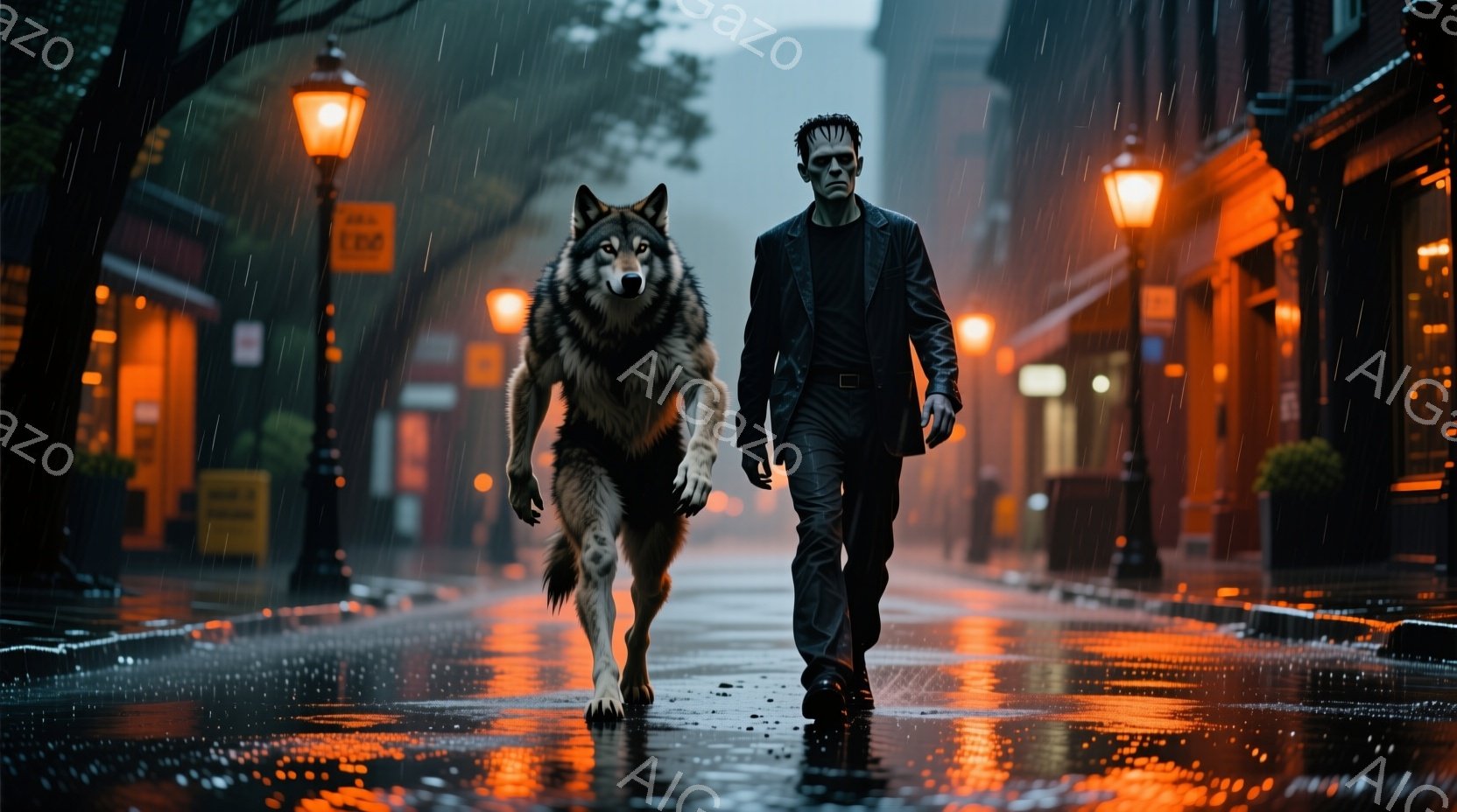雨の夜の街並みを、狼と男性が並んで歩いている。男性は黒い革ジャンとパンツを着用し、整髪されていない髪で、憂いを帯びた表情をしている。背景には路面が濡れ、街灯や建物の明かりが反射し、全体的に陰鬱でドラマチックな雰囲気を醸し出している。