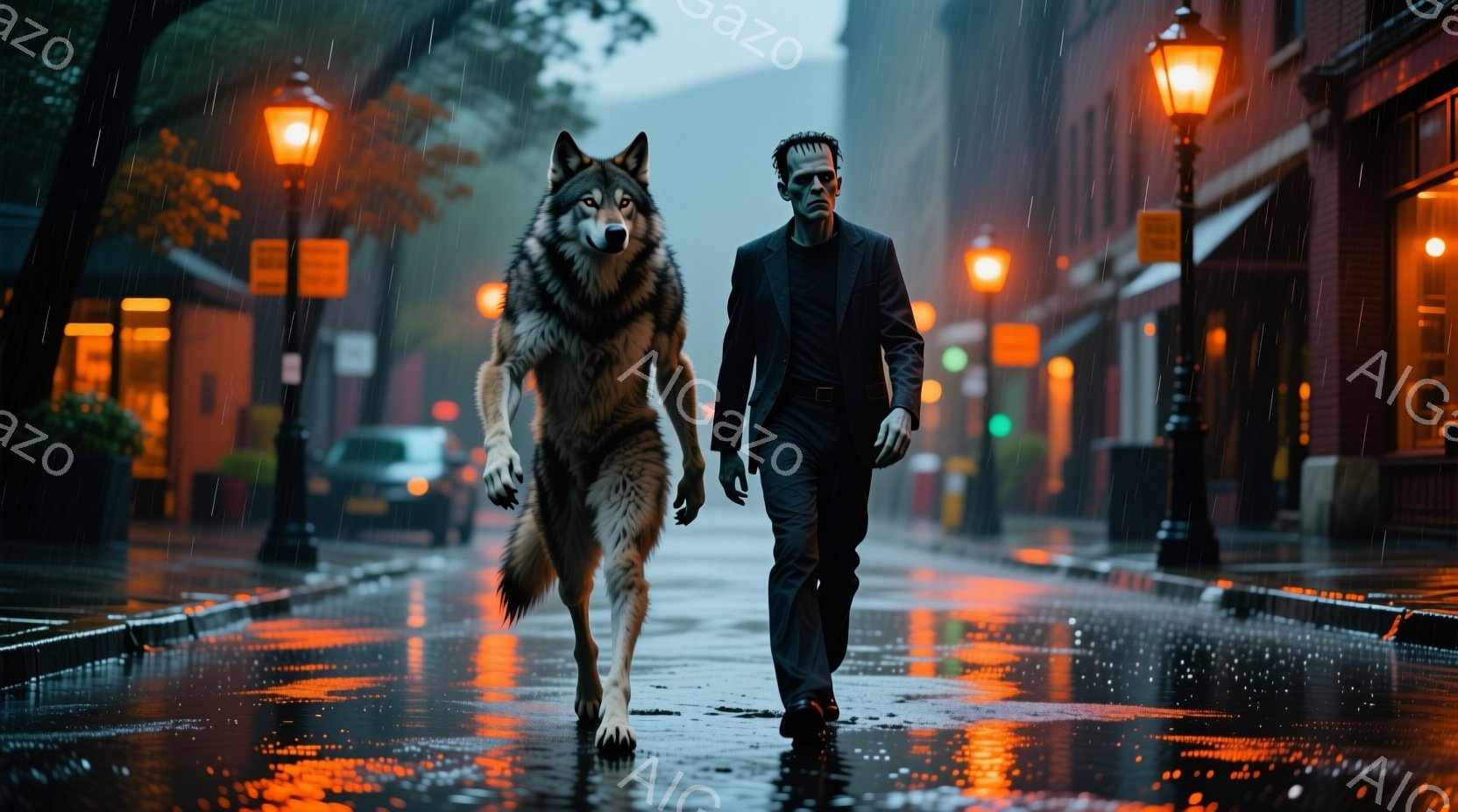 濡れた石畳の通りを、狼の姿をした生物と、スーツを着た男が歩いている。男は青白い肌をしており、髪は乱れているが、表情は冷静で、前方をまっすぐ見つめている。背景には雨が降る夜の街並みが広がり、路面は水たま - AI生成フリー素材