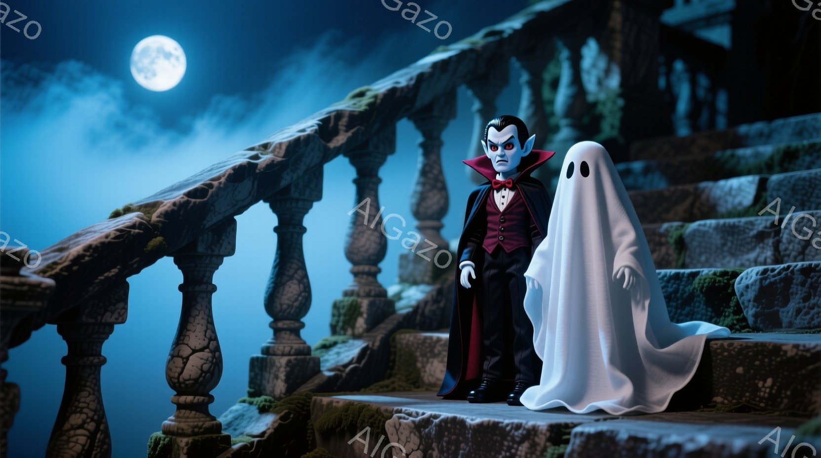 廃墟のような石段の上に、吸血鬼と幽霊が立っている。吸血鬼は黒いスーツ、赤いマント、そして整髪された黒髪で、やや不機嫌そうな表情をしている。背景には月明かりが差し込む夜空と、苔むした石段が広がっており、全体的に不気味で幻想的な雰囲気を醸し出している。
