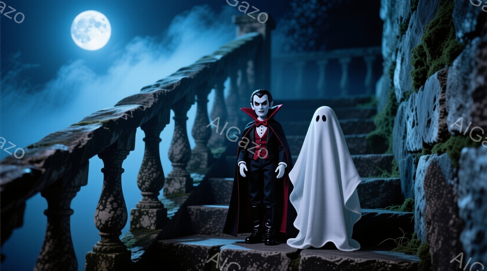 石段と欄干のある古い庭園に、吸血鬼と幽霊が並んで立っています。吸血鬼は黒いスーツに赤い裏地のあるマント、白いシャツ、黒いブーツを履いており、整った髪型で、真剣な表情をしています。背景には、苔むした石造りの階段と暗い森が見え、月明かりが差し込み、全体的に不気味で幻想的な雰囲気が漂っています。