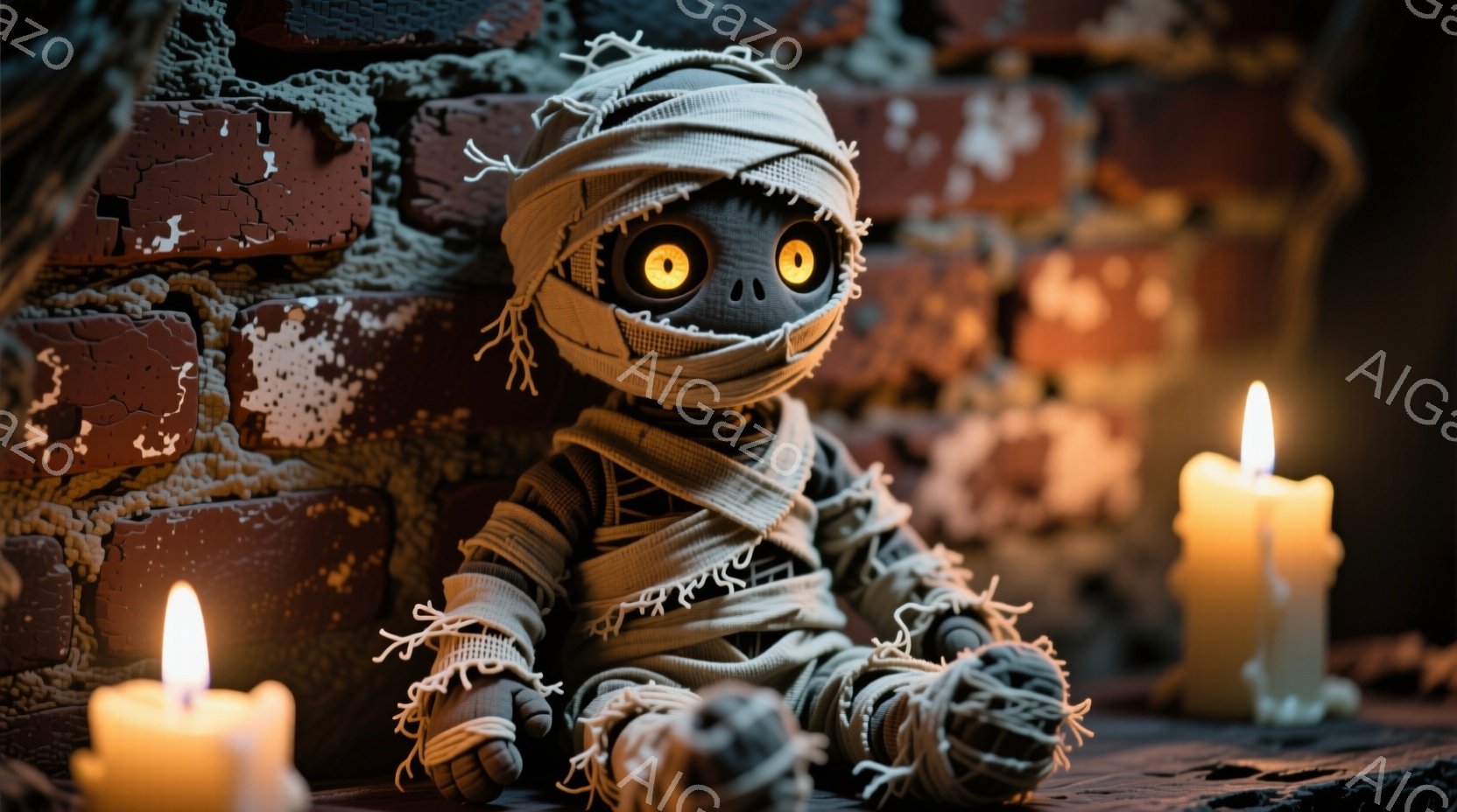 古びたレンガの壁を背景に、ミイラのような姿の可愛らしい人形が座っています。人形は全身を包帯で覆われ、大きな丸い目は不気味でありながらも愛らしい印象を与えます。両脇には点灯した蝋燭が置かれ、薄暗い光が人形とレンガの壁を照らし、ハロウィーンらしい不気味な雰囲気を醸し出しています。