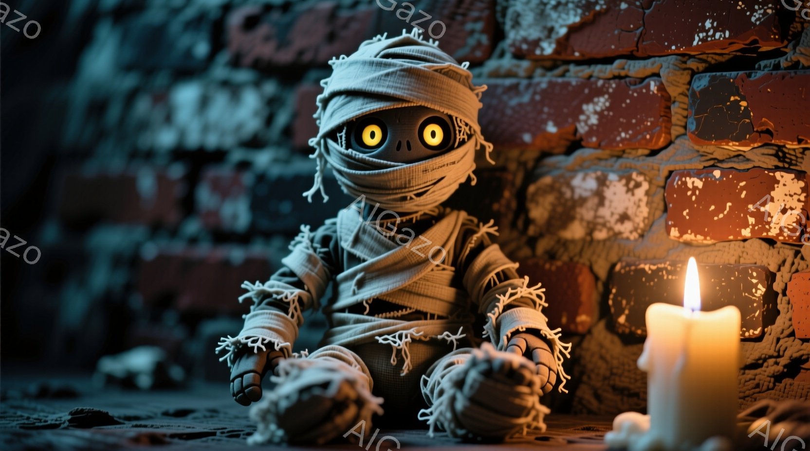 包帯で全身が覆われた小さなミイラのような人形が、ひざを曲げて座っている。人形の目は大きく、黒く、包帯の隙間から覗いている。背景は古びたレンガの壁で、地面には包帯の切れ端が散らばり、近くには点灯したロウソクが置かれている、不気味で少し寂しげな雰囲気だ。