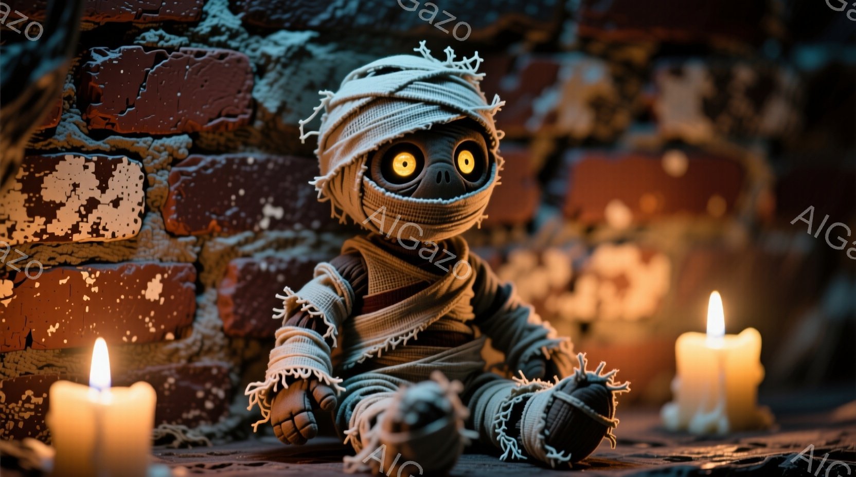 包帯でぐるぐる巻きにされた小さなミイラのような人形が、古びたレンガの壁の前で座っています。人形は大きな丸い目と小さな口を持ち、少し不気味な表情をしています。周りには数本の燃えるキャンドルが置かれ、暗く不気味な雰囲気を醸し出しています。