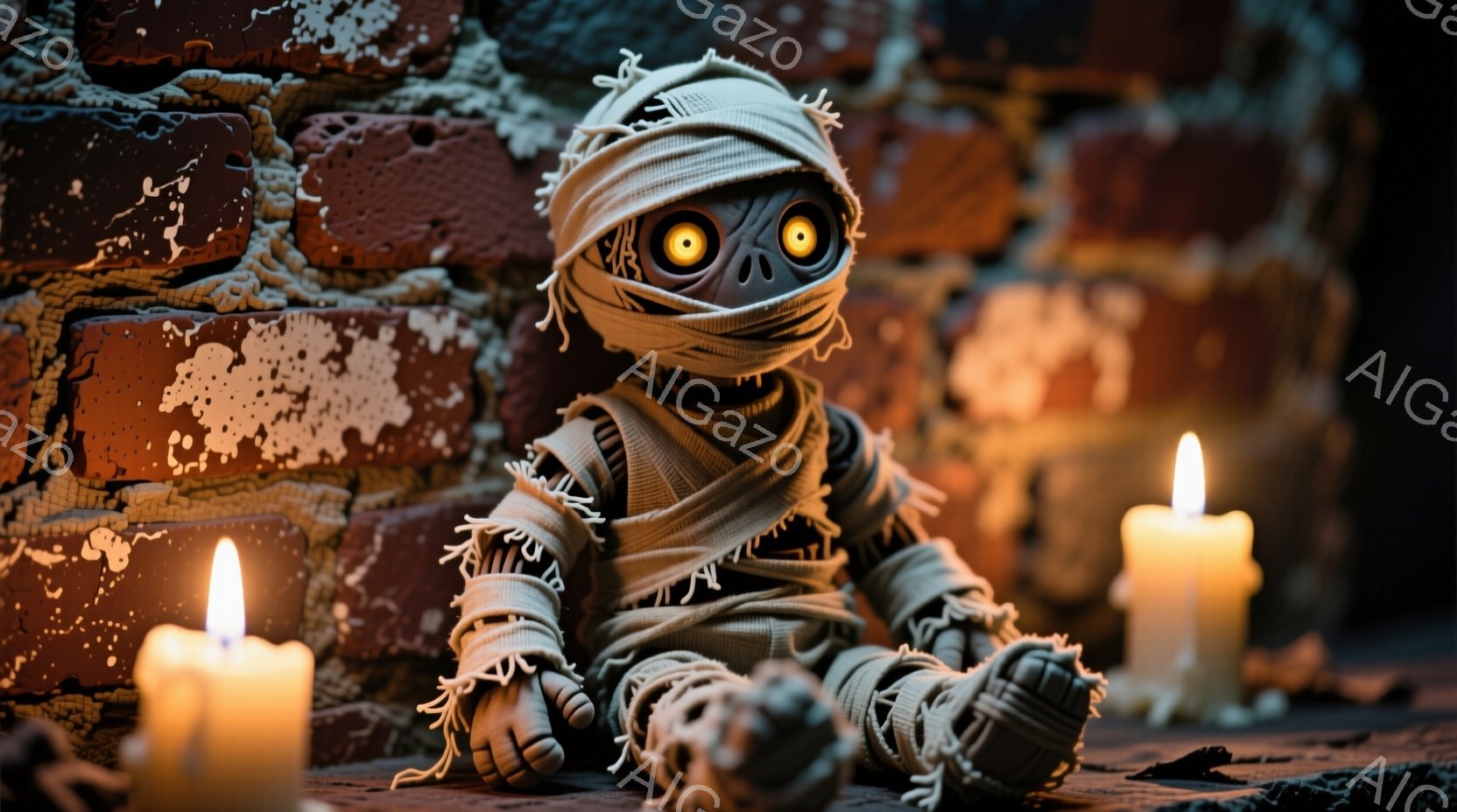 包帯で全身が覆われた小さなミイラのような人形が、ひざを曲げて座っている。人形の目は大きく光り、少し不気味な印象を与える。背景にはレンガの壁があり、周囲には数本の点灯したロウソクが置かれ、薄暗くミステリアスな雰囲気を醸し出している。