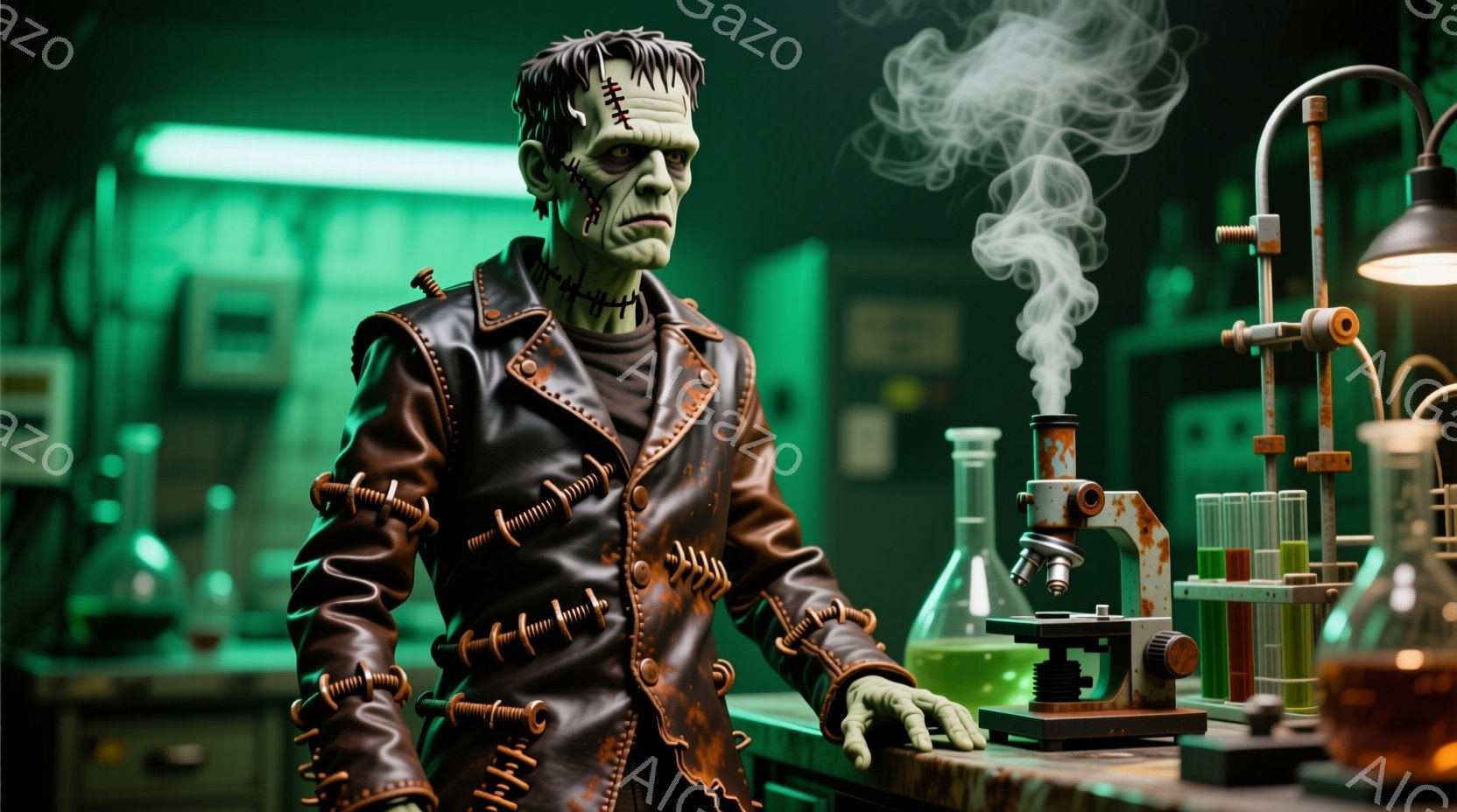フランケンシュタインの怪物と思われる人物が、実験室で実験器具の前に立っている様子を描いています。怪物は革ジャンを着ており、首や頭には縫い目が見られ、緑色の肌と鋭い眼差しが特徴的です。背景にはフラスコや試験管が並び、怪物が実験を行っているかのような雰囲気が漂っています。