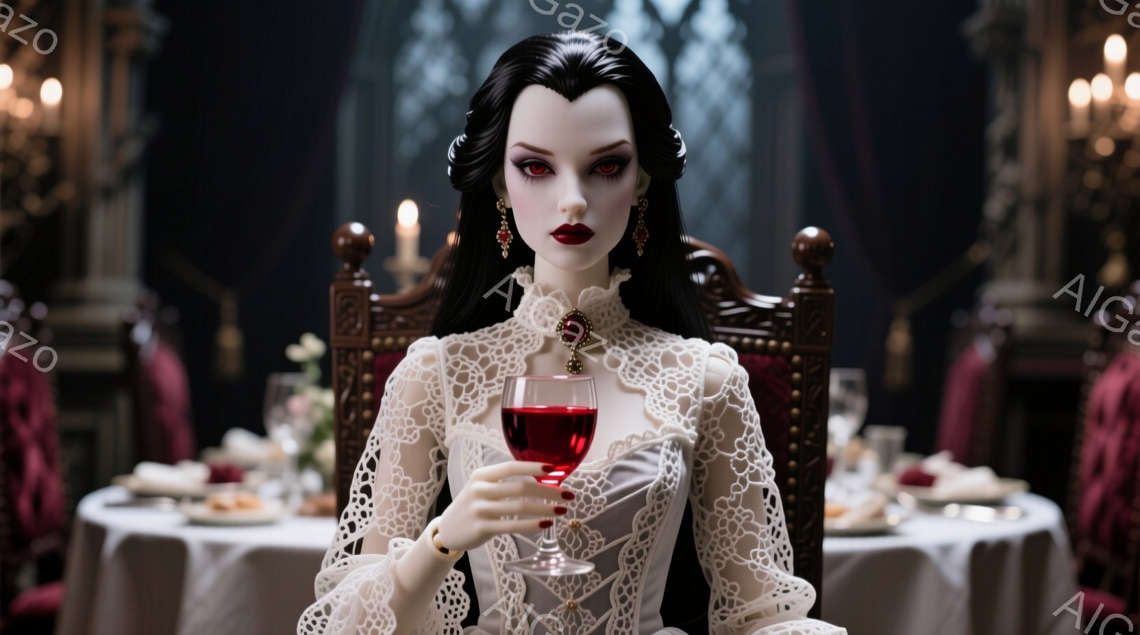 黒髪を上品にまとめ、レースをあしらった白いドレスを着た女性が描かれています。彼女は赤いリップと強い眼差しを持ち、ワイングラスを優雅に持っています。背景には豪華なダイニングルームが広がり、暗く劇的な雰囲 - AI生成フリー素材