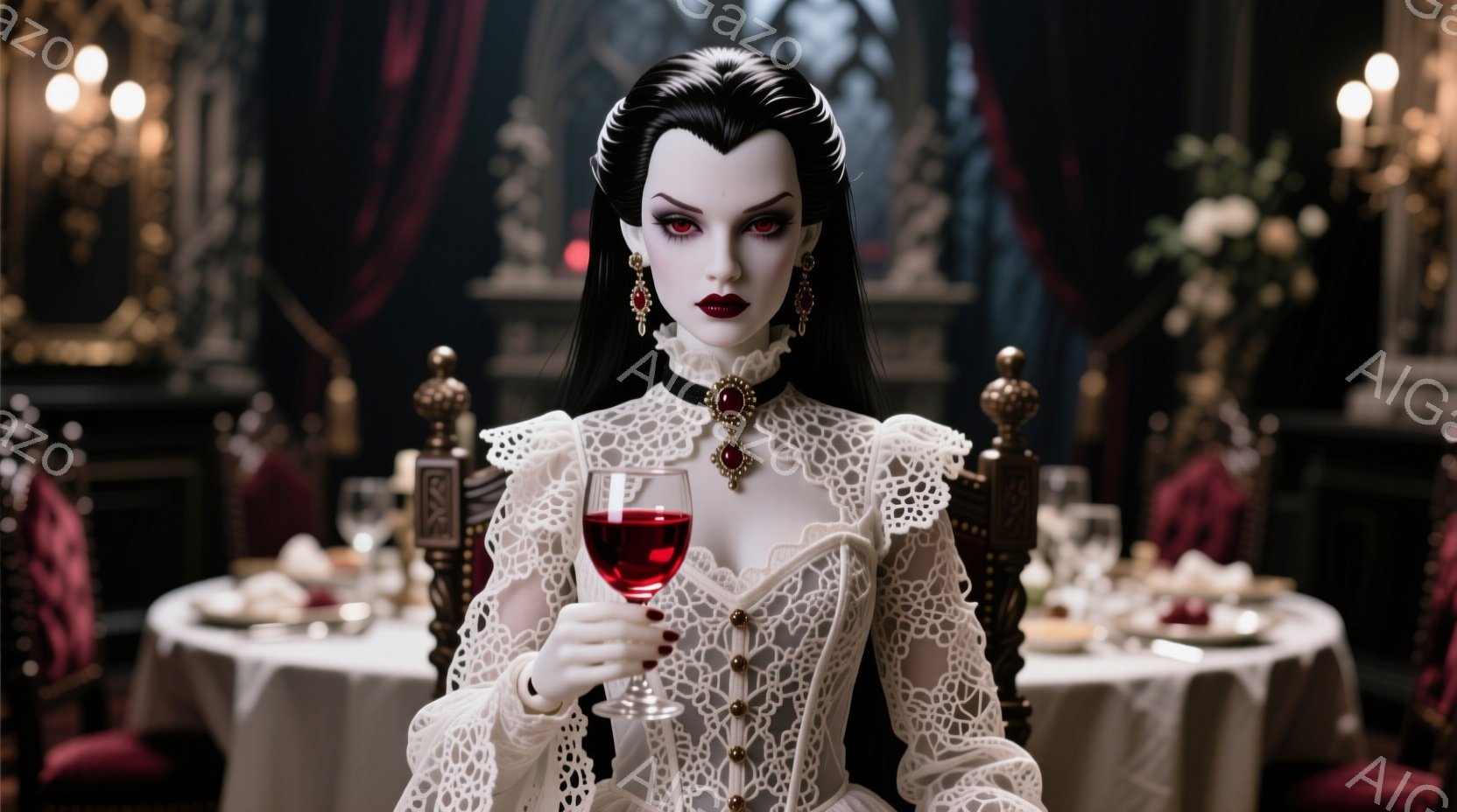 黒髪を高く結い上げた女性が、レースの襟と袖が特徴的な白いドレスを身に着けている。彼女は赤いワイングラスを手に持ち、冷たい表情で正面を見据えている。背景には豪華な食卓が広がり、重厚な赤いカーテンと金色の装飾が、退廃的で耽美的な雰囲気を醸し出している。