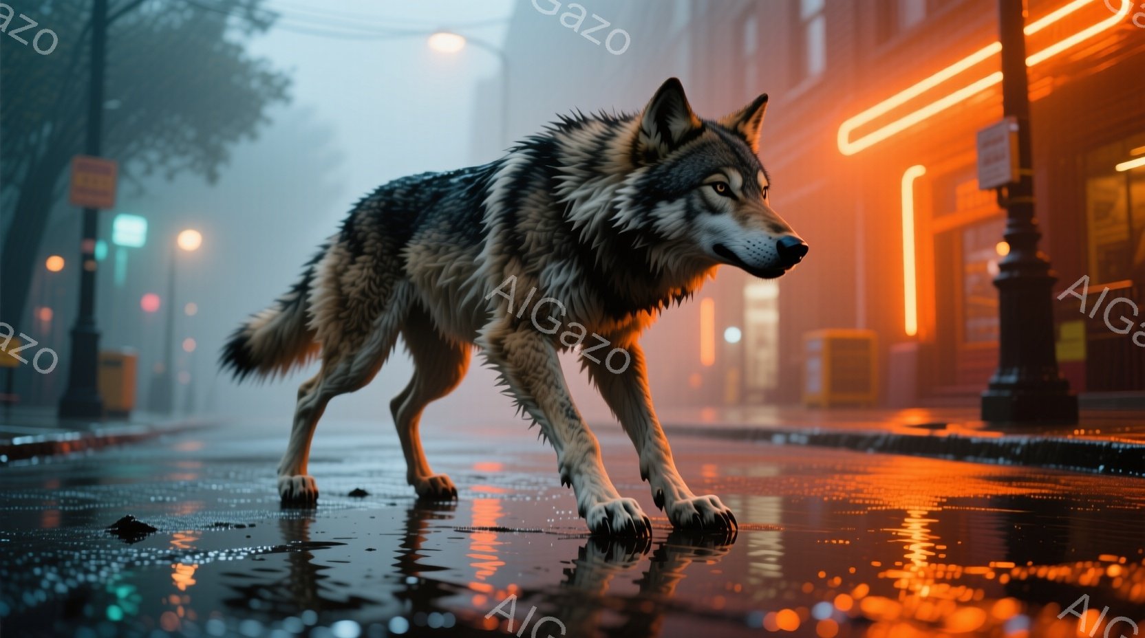 濡れたアスファルトの路上を、毛並みの美しい灰色の狼が歩いている。背景にはぼやけた都市の風景とネオンサインが点滅し、雨上がりの夜の雰囲気を作り出している。狼の表情は凛々しく、街の喧騒の中に現れた野生の姿 - AI生成フリー素材