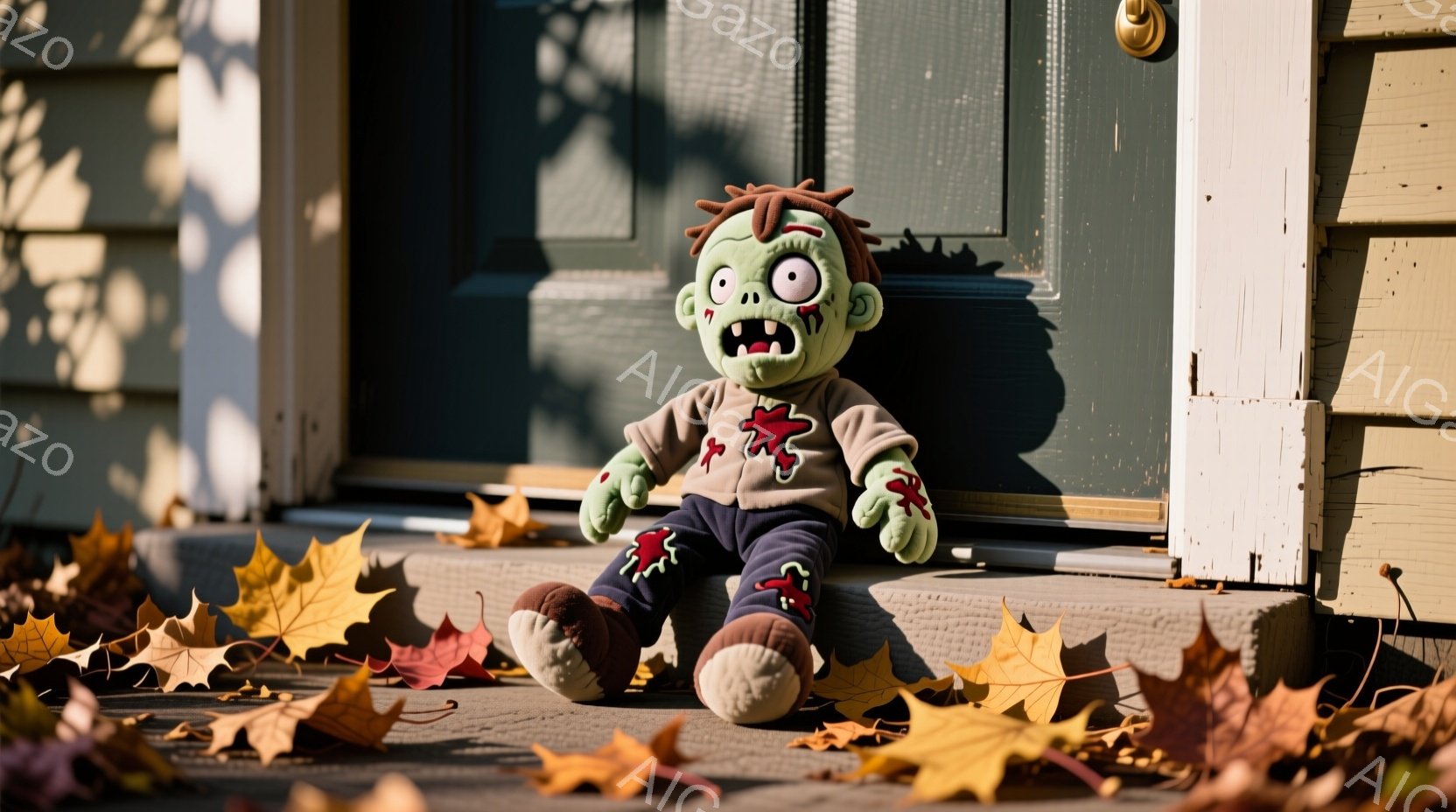 ゾンビ風のぬいぐるみは、擦り切れた青いセーターを着て、白と茶色の縞模様のズボンをはいています。人形は横たわり、片方の腕が取れていて、顔は不気味な笑顔で、少し血の跡がついています。背景には、落ち葉が散らばった玄関の段差があり、秋の穏やかな日差しが差し込んでいます。