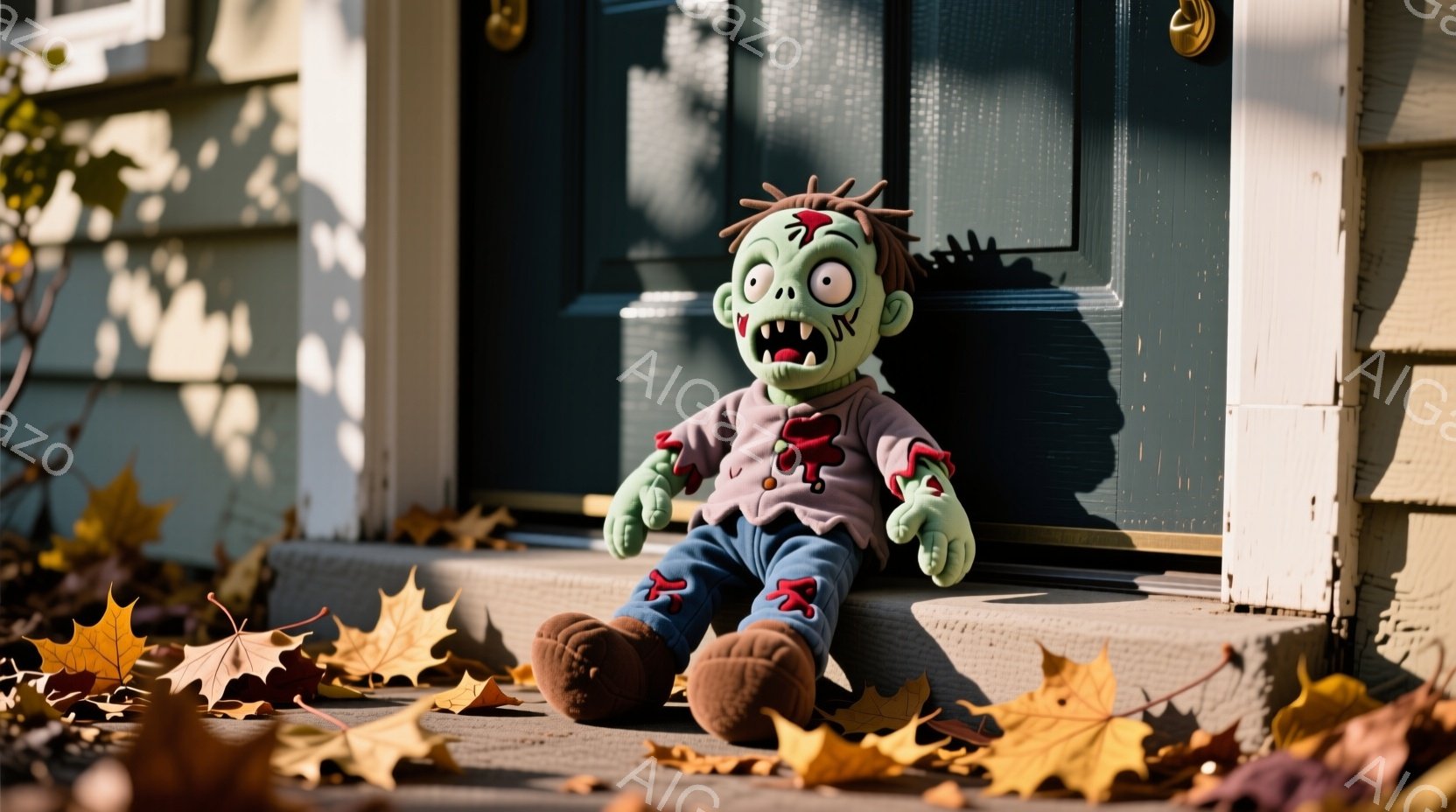 緑色のゾンビのぬいぐるみが玄関の段差に座っています。赤い髪の毛は乱れ、顔には傷跡があり、不気味な笑顔を浮かべています。背景には木造の建物と落ち葉が散らばっており、ハロウィーンの雰囲気を感じさせる、秋の日の光景です。