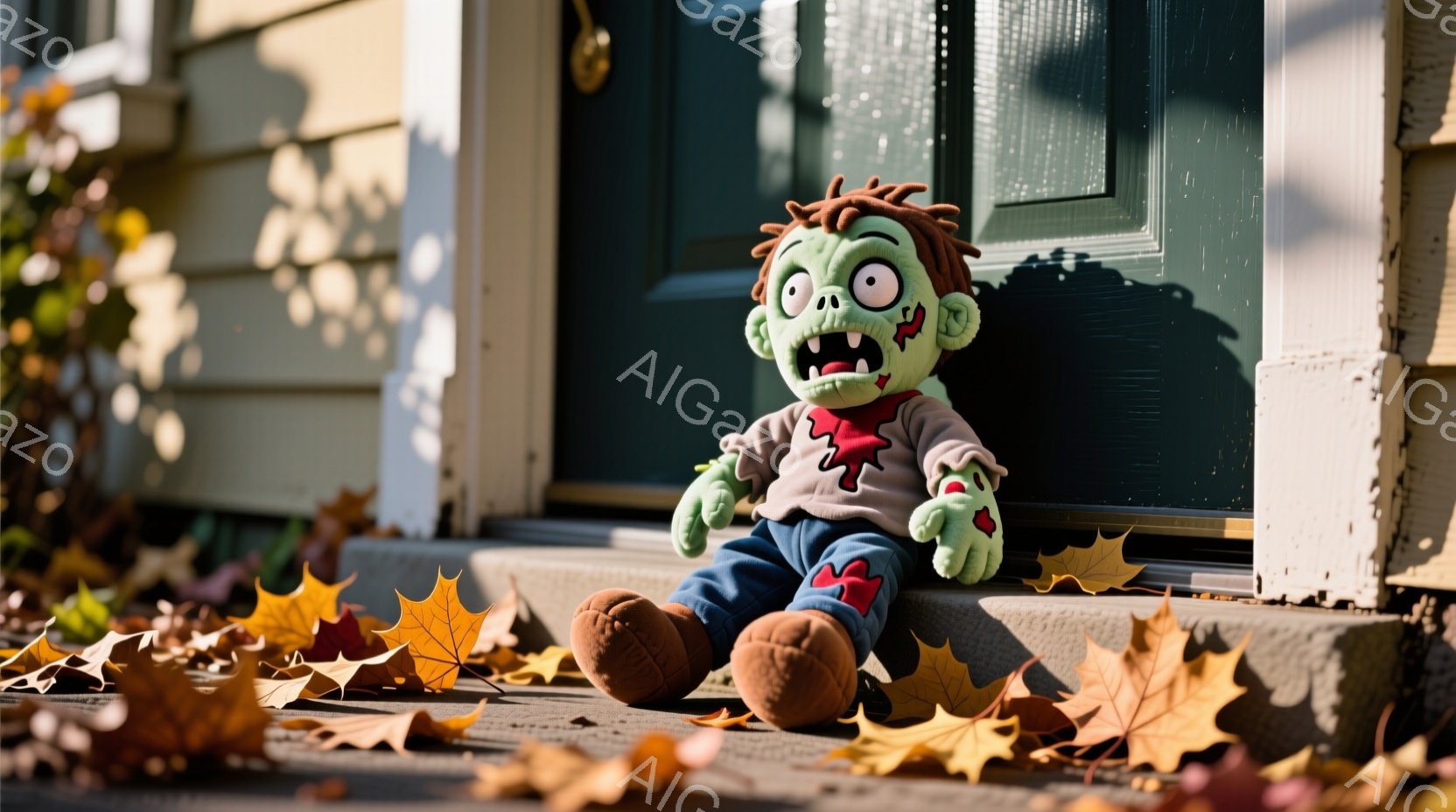玄関の段差に、緑色のゾンビの人形が座っている。人形は、赤い縞のシャツと青いズボンを着ており、緑色の肌と少し開いた口で不気味な表情をしている。背景には木造の家があり、地面には落ち葉が散らばり、秋の穏やかな雰囲気を醸し出している。