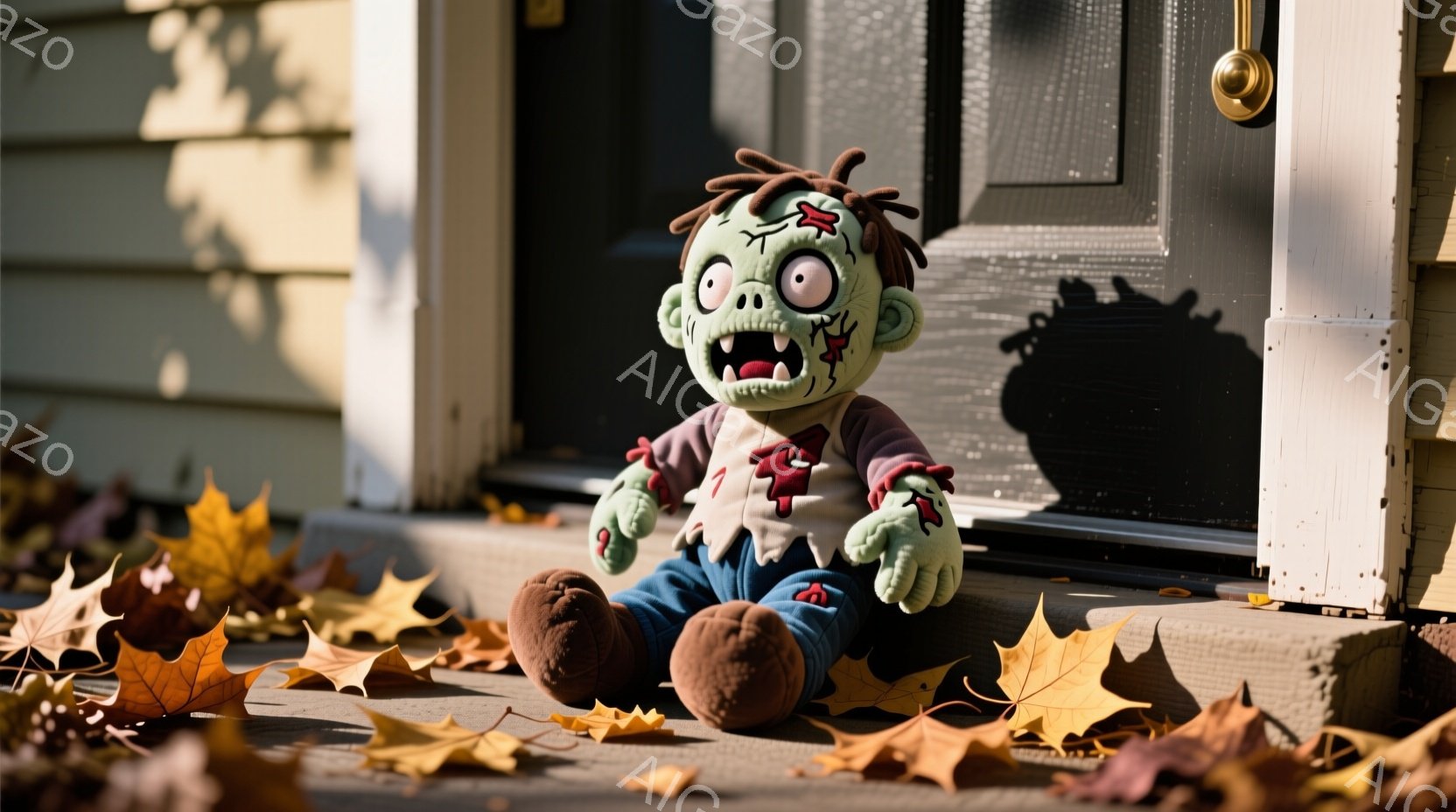 剥製のゾンビのおもちゃが、家の外のコンクリートのステップに座っています。緑色の肌にぼろぼろの髪、そして少し開いた口と不気味な表情をしています。周りには落ち葉が散らばり、背景には木製のサイディングの壁と黒いドアが見え、秋の気配を感じさせます。