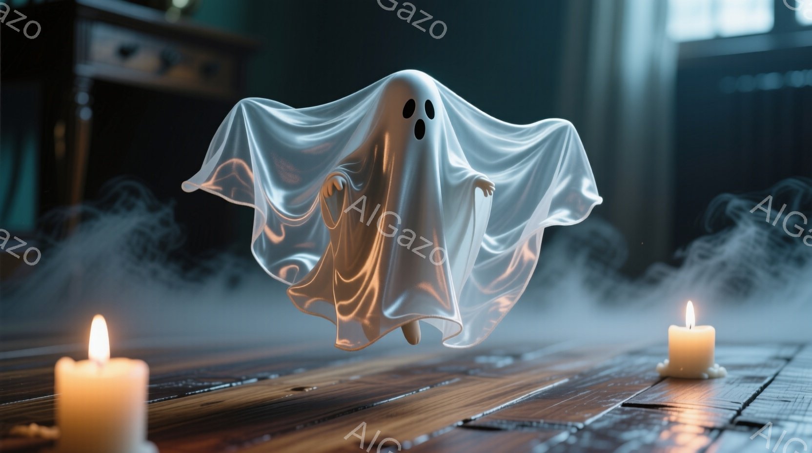 白い幽霊が床の上に浮かんでおり、丸い黒い目が特徴的です。周りには白い霧が立ち込め、床には2本の火のついたキャンドルが置かれています。全体的に薄暗く、古い屋敷のような雰囲気が漂い、不気味でありながらどこ - AI生成フリー素材