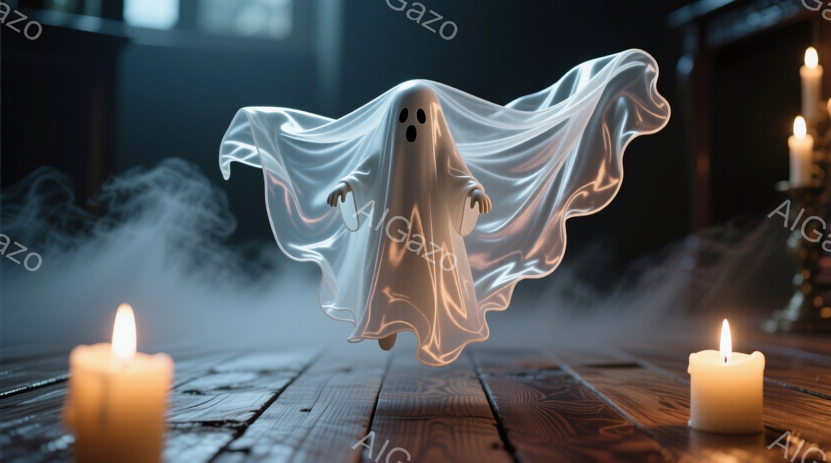 白い幽霊が、古びた木製の床の上に浮かんでいます。幽霊は白い布で覆われ、顔には二つの黒い目穴が開いています。周囲には煙が立ち込め、数本の光るキャンドルが幽霊と床を照らし、不気味な雰囲気を醸し出しています。