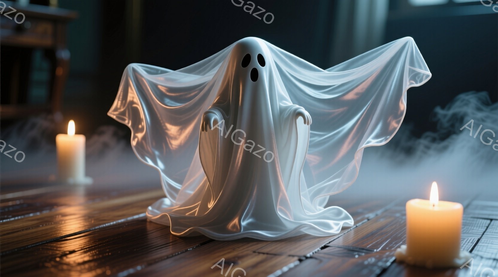 白い幽霊が木製の床に立っており、シンプルな目の穴が特徴です。背景にはぼんやりとした煙が漂い、両脇には点灯したキャンドルが置かれ、不気味な雰囲気を醸し出しています。全体的に薄暗い室内で、ハロウィンらしい怪奇なイメージが漂っています。