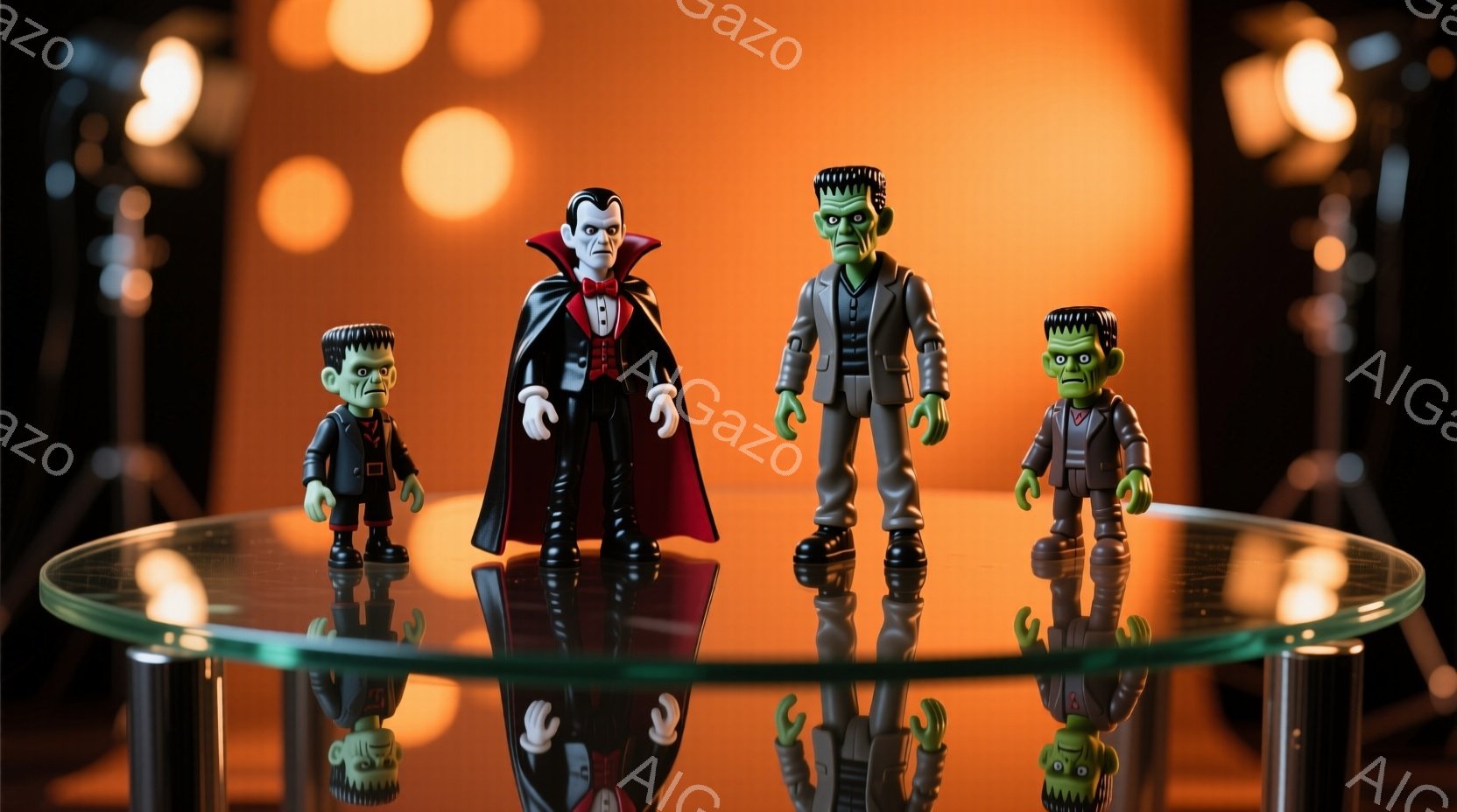 ３体の人形がガラス製の円卓の上に並んでいます。中央には黒いスーツに赤いマントを羽織ったドラキュラ、左右にはフランケンシュタインのモンスターのミニチュアが、それぞれ黒い靴とグレーのスーツを着ています。背景はオレンジ色と黒色のぼかしで、スポットライトが照らし出しており、ハロウィーンの雰囲気を醸し出しています。