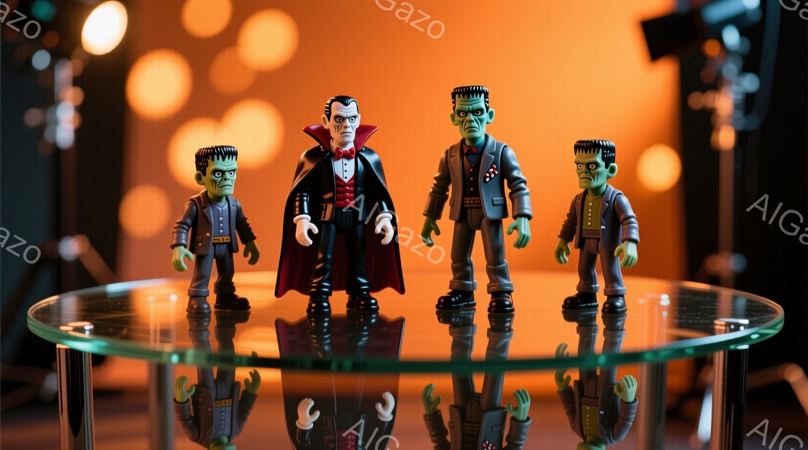 ガラス製の円卓の上に、フランケンシュタインとドラキュラのフィギュアが並んでいます。彼らはそれぞれクラシックな衣装を着ており、フランケンシュタインは緑色の肌とボルトの首、ドラキュラは黒いスーツと赤いマントを身につけています。背景にはぼやけたオレンジ色のライトが点在し、映画の撮影現場のような雰囲気を作り出しています。