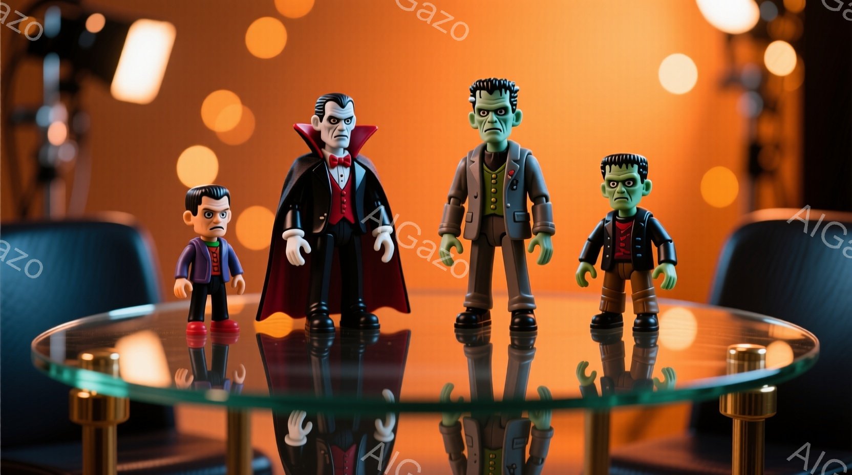 フランクensteinの怪物、ドラキュラ、狼男の3つの人形が円形のガラステーブルの上に並べられています。人形はすべて漫画風のスタイルで、それぞれ特徴的な衣装を着ており、フランクensteinの怪物はボロボロのスーツ、ドラキュラは黒いマントと赤いベスト、狼男は黒いスーツを着ています。背景はぼやけており、オレンジと黄色の暖かい光がテーブルと人形を照らし、少し不気味で楽しい雰囲気を作り出しています。