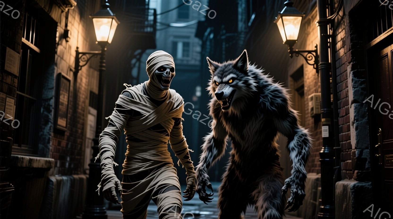 ミイラ男と狼男がレンガ造りの路地で対峙している様子が描かれています。ミイラ男は包帯で全身を覆われ、不気味な笑みを浮かべており、狼男は鋭い爪をむき出しにして威嚇しています。背景には古びた建物が立ち並び、暗い路地と雨の表現が不気味な雰囲気を醸し出しています。
