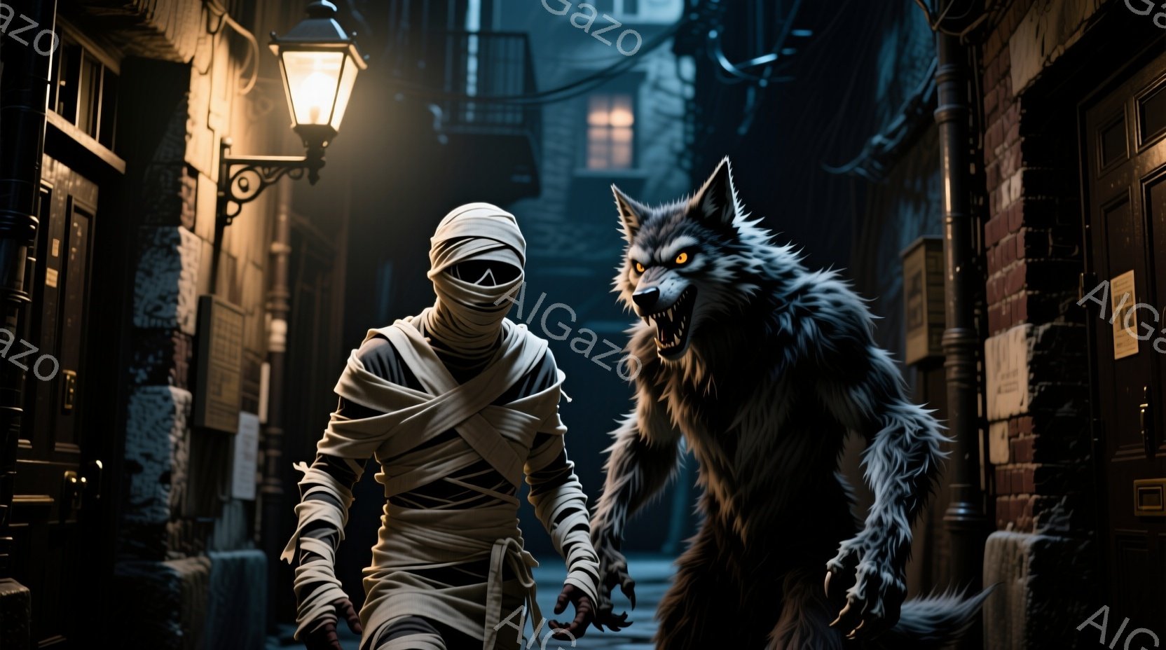 古い石造りの路地に、ミイラのような包帯で全身を覆った人物と、牙をむき出しにした狼男が立っている。路地は暗く、遠くに見える建物や街灯の光が不気味な雰囲気を醸し出している。ミイラ男は手を前に伸ばし、狼男は攻撃的な姿勢でミイラ男に向かっている。